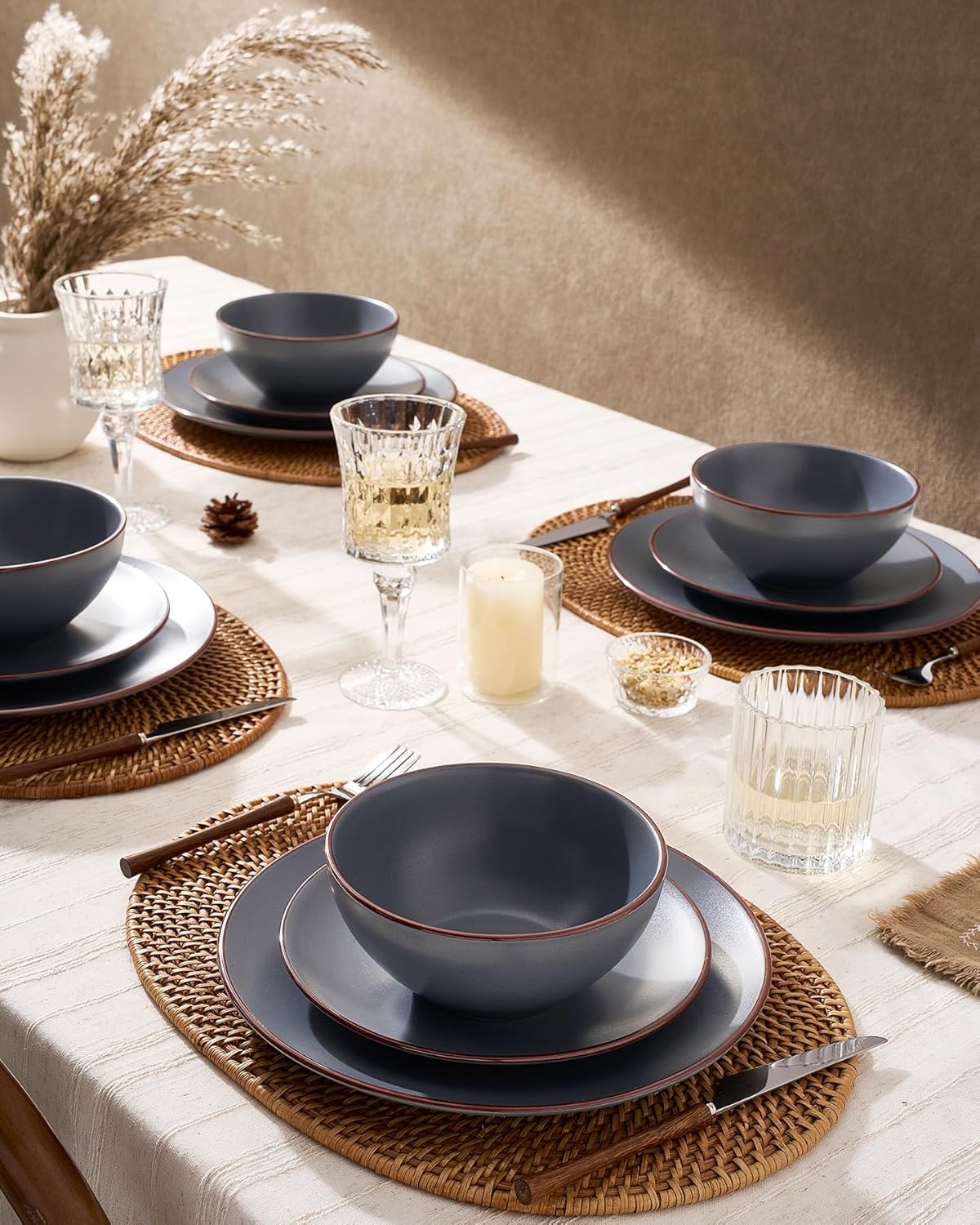 Famiware Venus Ceramic Plates and Bowls Sets, Speckled Dinnerware Dish Sets for 8 (24 Pieces) - Microwave and Dishwasher Safe, Matte Charcoal