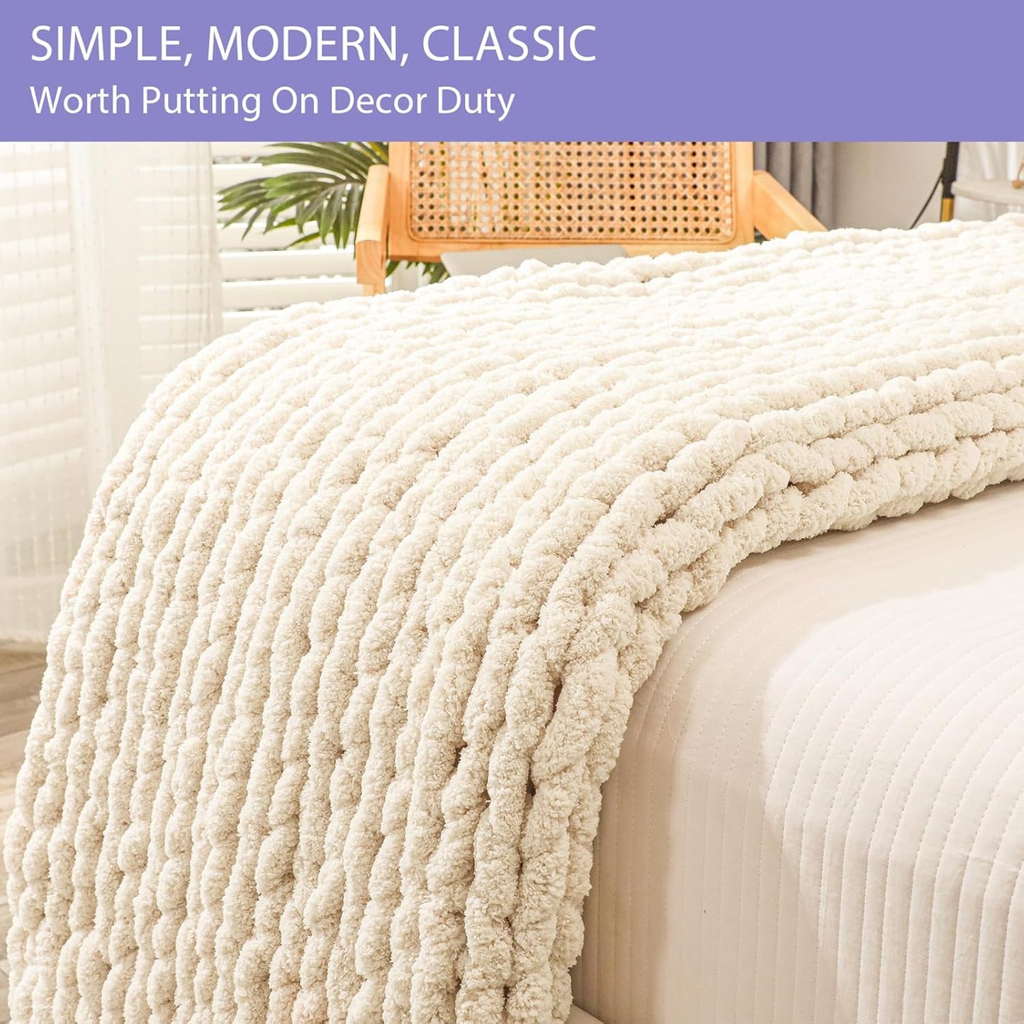 Bigacogo Chunky Knit Throw Blanket for Couch, 51x63 inches, 100% Hand Knitted with Thick Jumbo Chenille Yarn, Cozy Soft Large Rope Knot Cable Crochet Blankets for Sofa Bed Living Room, Beige