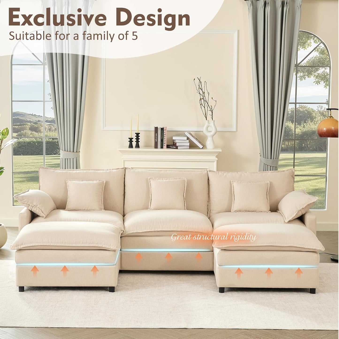 108" U Shaped Couch, Modular Sectional Sofa, 3-Seater Comfy Cloud Couch with Movable Ottoman, Deep Seat Couches for Living Room, Linen, Beige