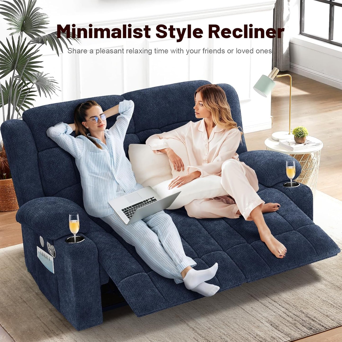 Loveseat Recliner Sofa Set with 2+1+1 Pieces, 2 Seater Minimalist Style Fabric Manual Pull Tab Reclining Loveseat with USB Charge Ports, Cup Holders, Recliner Couches for Living Room, RV, Blue