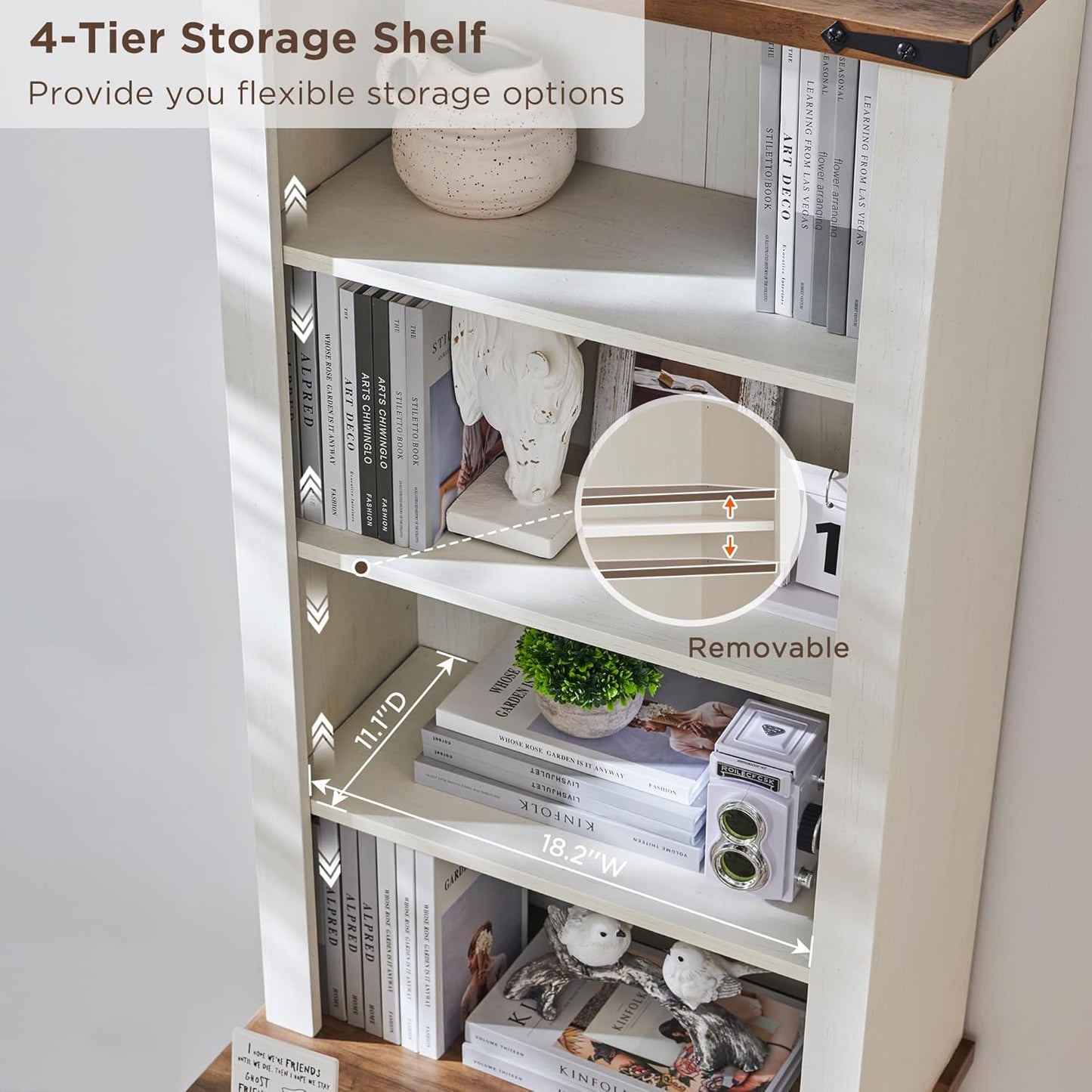 RedLemon Bookcase with 2 File Drawers, 72" Tall Farmhouse Bookshelf with Storage and Adjustable Shelves, 4 Tier Rustic Wood Bookshelf with Cabinet for Home Office, Living Room (Antique White)