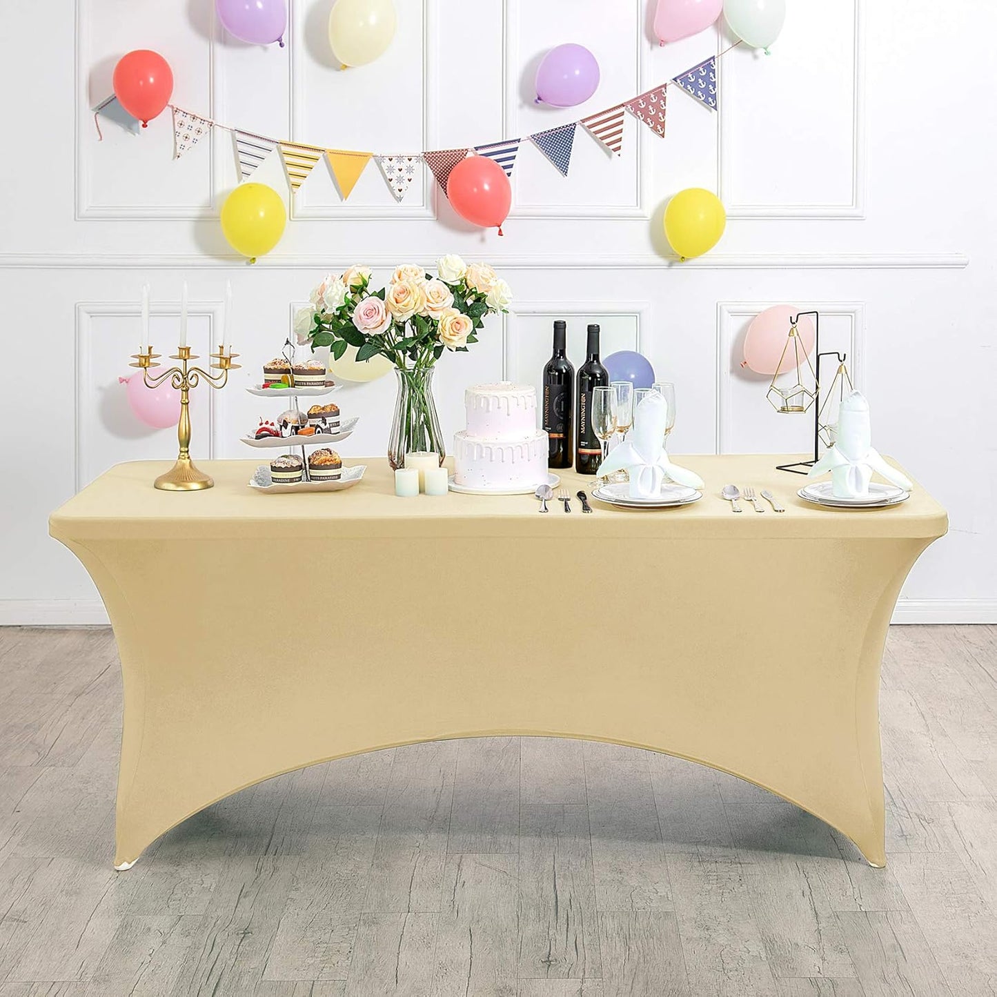 Spandex Table Cover for 4FT or 6ft or 8ft Table Universal Fitted Stretch Tablecloth for Party, Banquet, Wedding and Events-Champagne