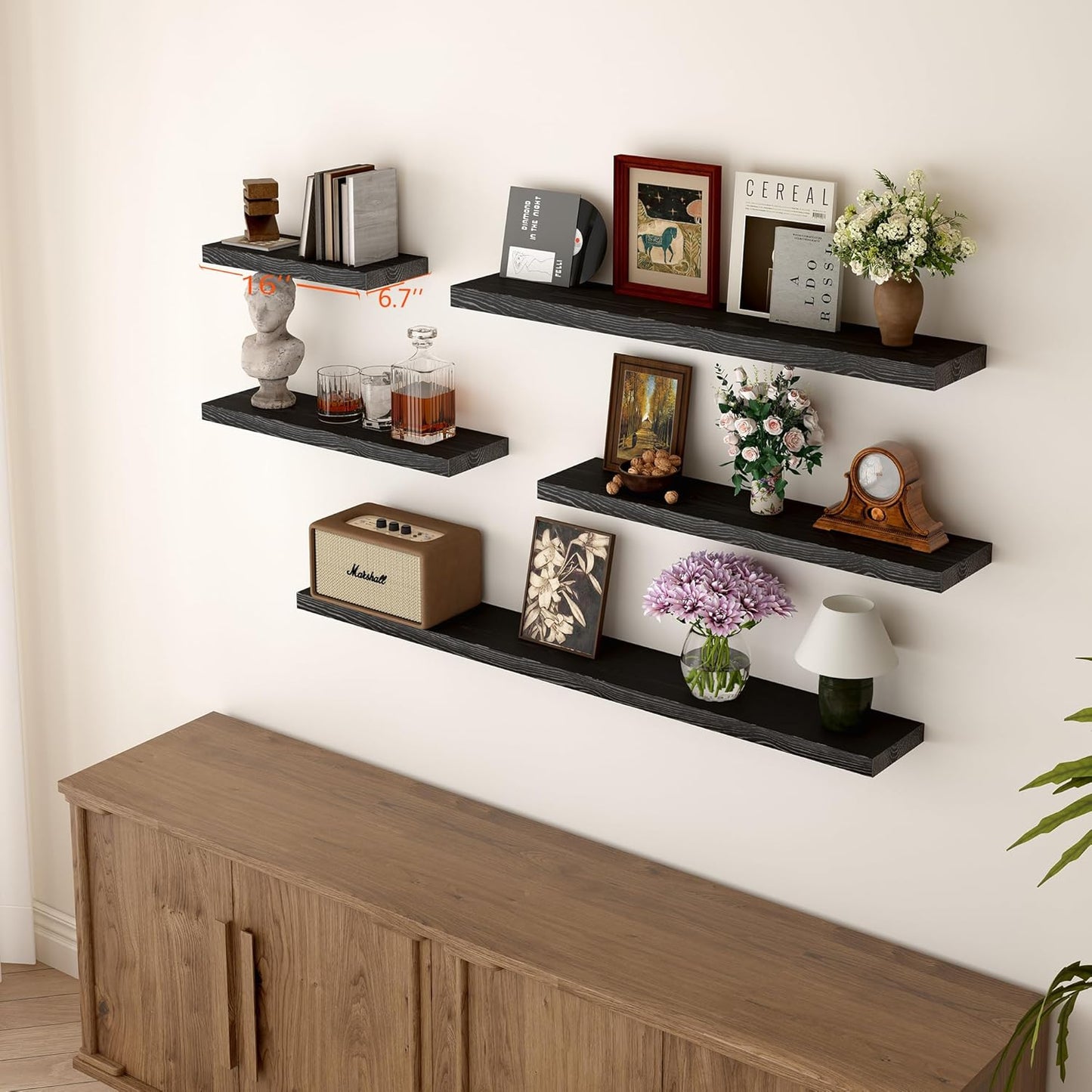 BGMG Wood Floating Shelves 16 inch, Wide Rustic Wooden Wall Shelves for Bathroom Living Room Bedroom Kitchen Farmhouse Set of 2-16x 6.7 x1.25 inch- Black