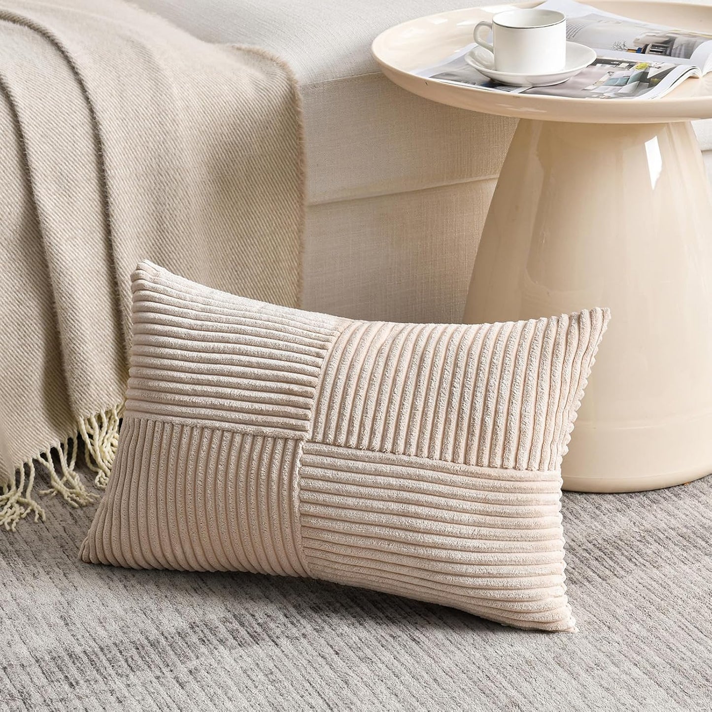 Fancy Homi 2 Packs Tan Lumbar Decorative Throw Pillow Covers 16x32 Inch for Living Room Couch Bed Sofa, Boho Home Decor, Soft Striped Corduroy Rectangle Accent Beige Cushion Case 40x80 cm