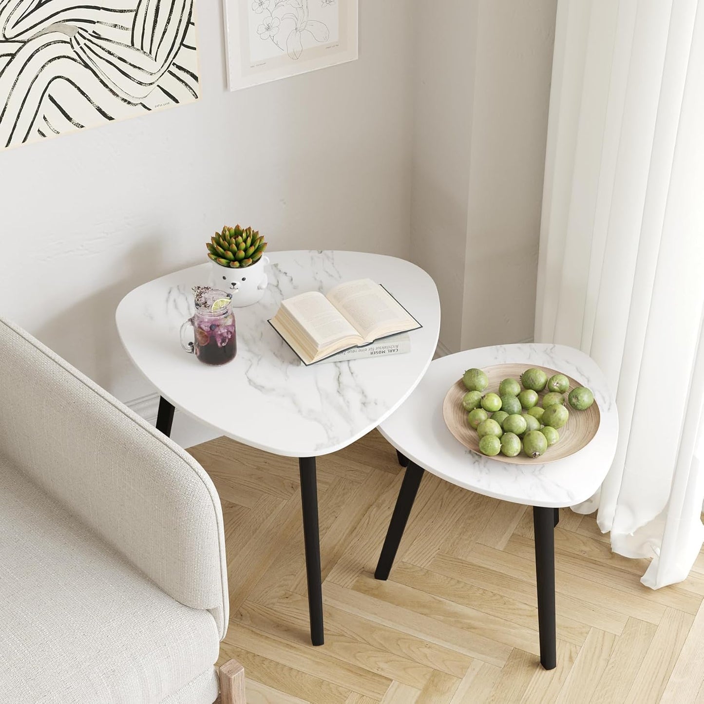 BAMEOS Bamboo Nesting Triangle End Table,Set of 2 Coffee Table Modern Minimalist Side Table for Living Room (Marble White)
