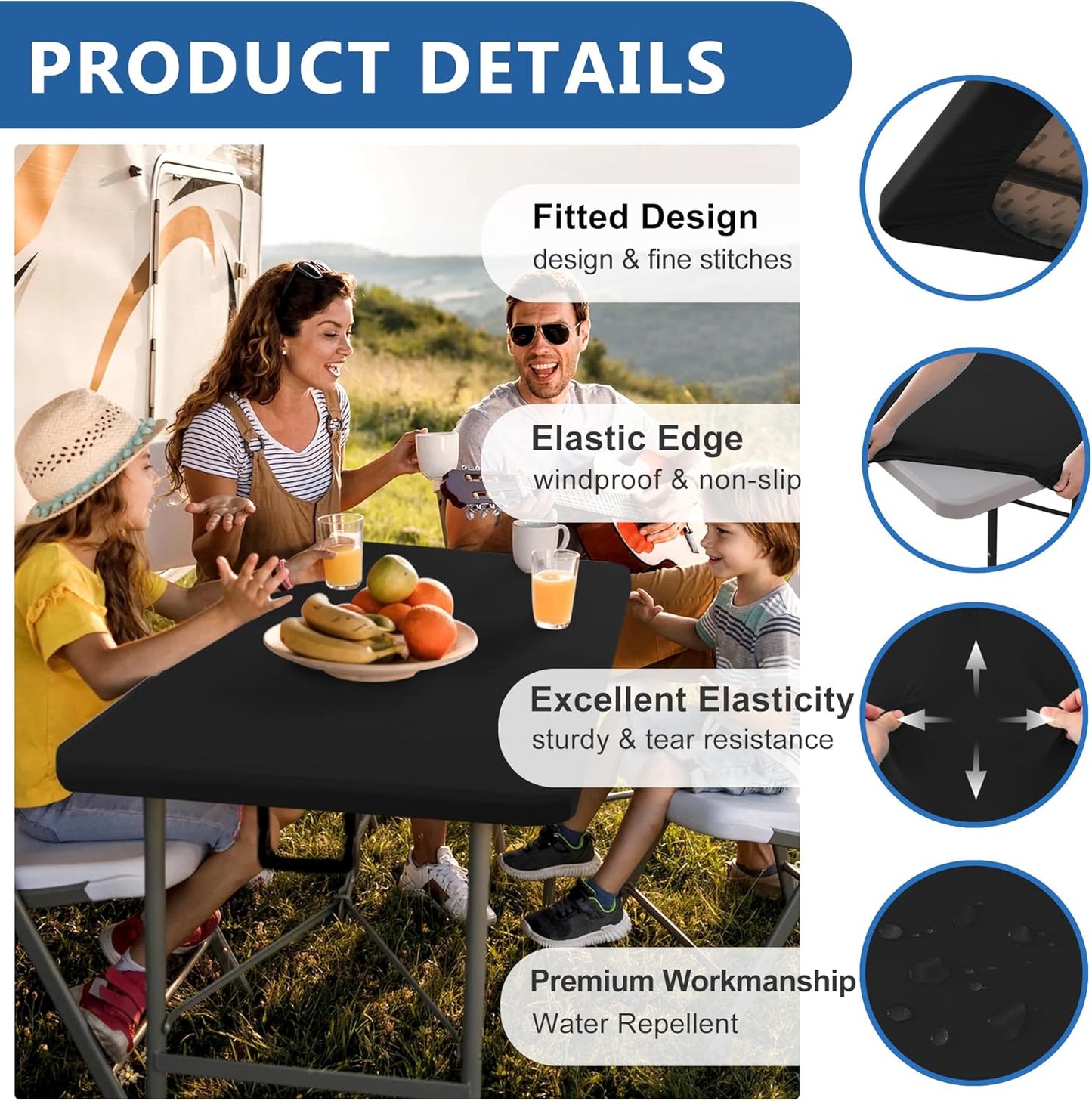 Fitted Tablecloth for 8 Foot Rectangle Tables-10 Pack Black Elastic Outdoor Picnic Table Cover-Spandex Stretch Folding Table Cloths 8ft for Camping Dining Room Patio Kitchen Banquet Party