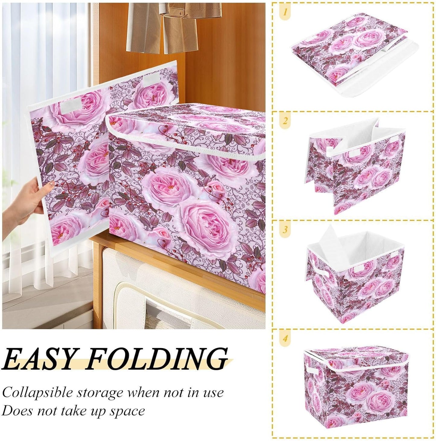 susiyo Beautiful Delicate Pink Roses fabric storage baskets with lids,Collapsible Storage Boxes,Foldable storage boxes with handles for Home,Office,Closet Organization