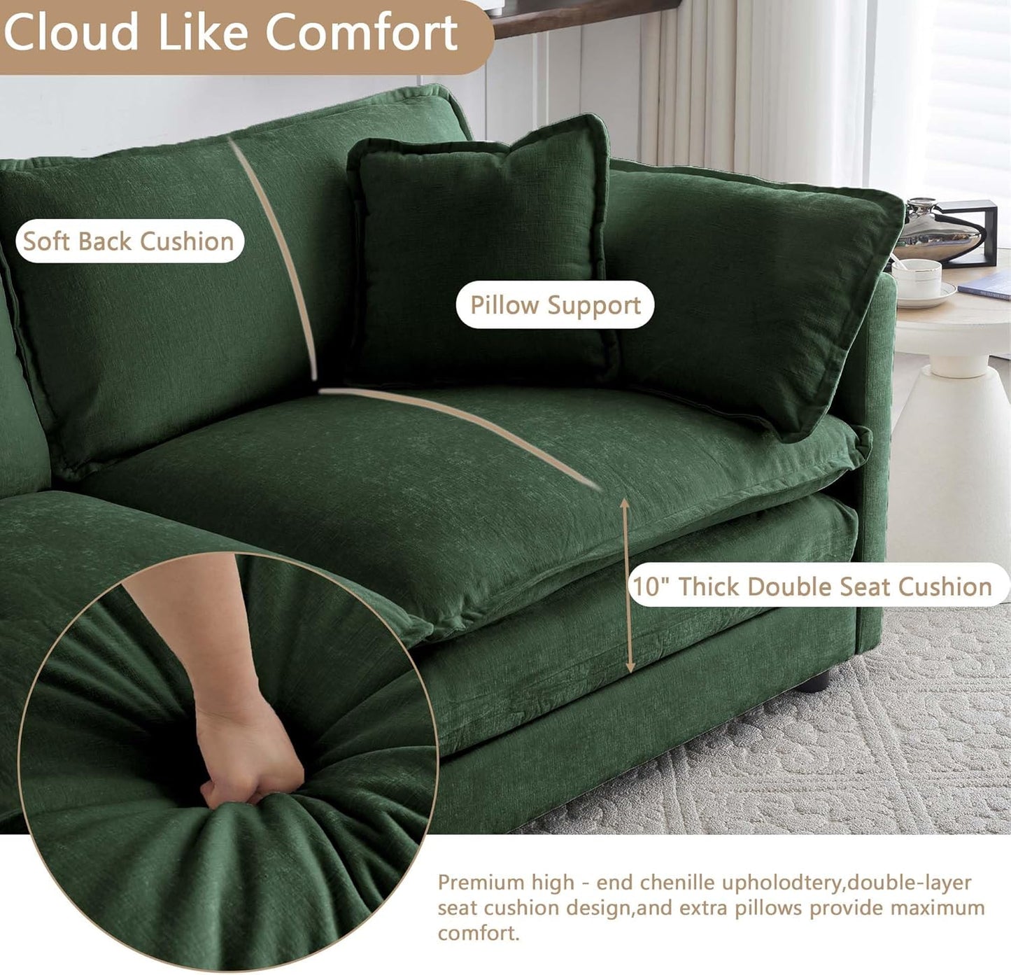 Sectional Sofa 3 Seater with Movable 1 Ottoman,Oversized Modular Couch Deep Seat (Green, 111.5 inch-L)