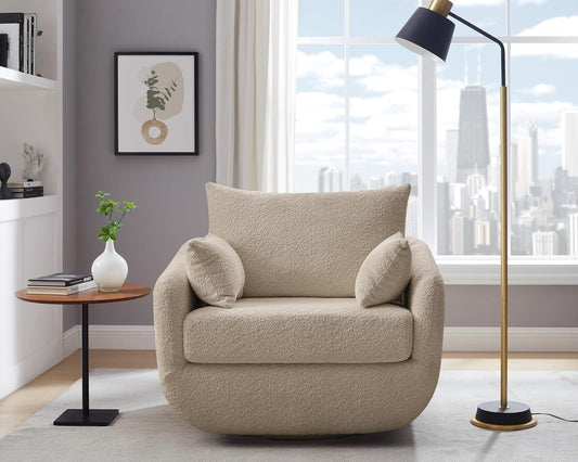 360° Swivel Accent Armchair, 39.3" Oversized, Sherpa Boucle Fabric Sofa Chair with Removable Back & Arm Pillows, Swivel Chair with Cozy Soft Padded, No Assembly Required (1, Camel)