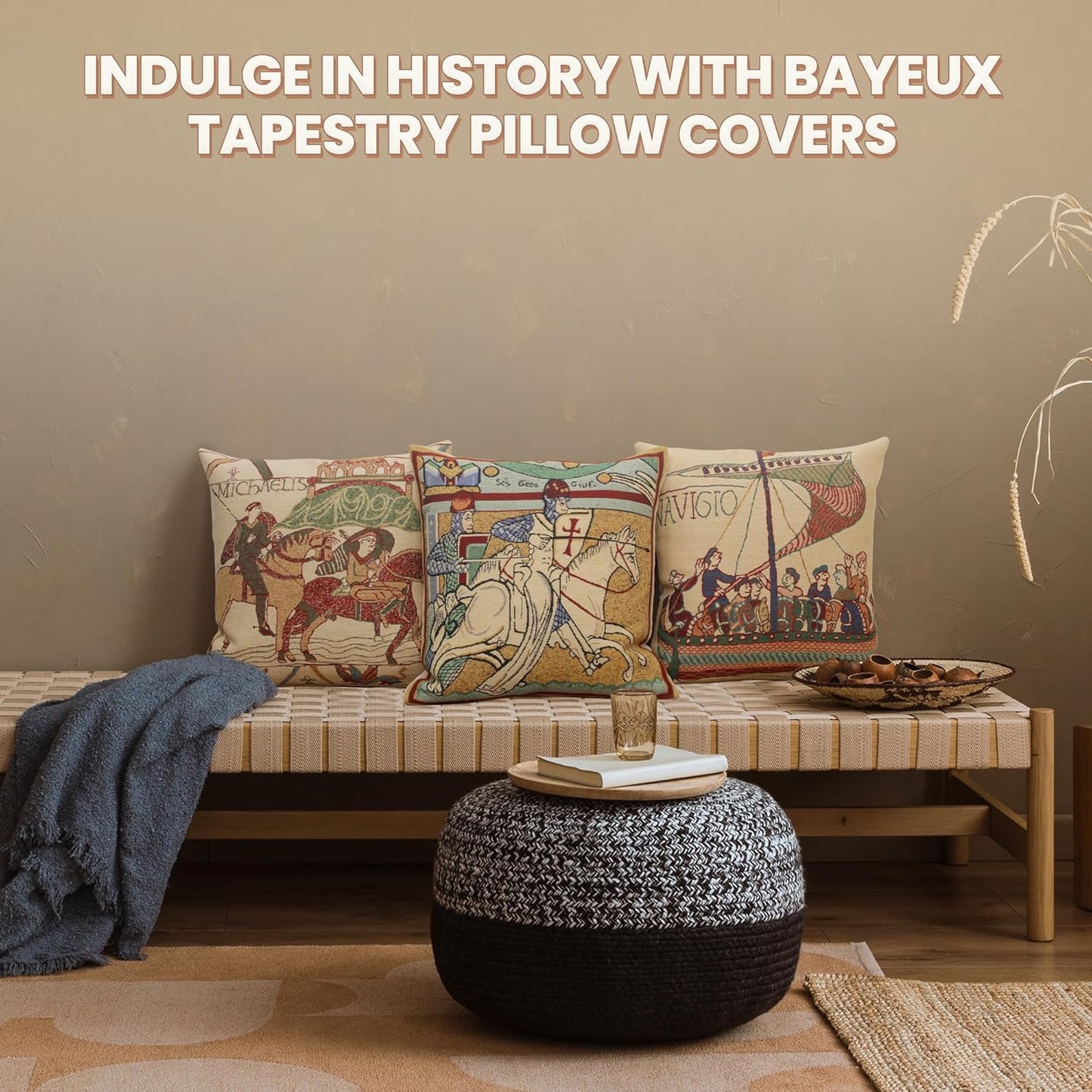 Charlotte Home Furnishings Bayeux Mont St. Michel Throw Pillow Cover 16" x 16" – Medieval Tapestry Cushion Case for Sofa, Couch, & Bed | Cotton Jacquard Woven in Europe | Insert Not Included