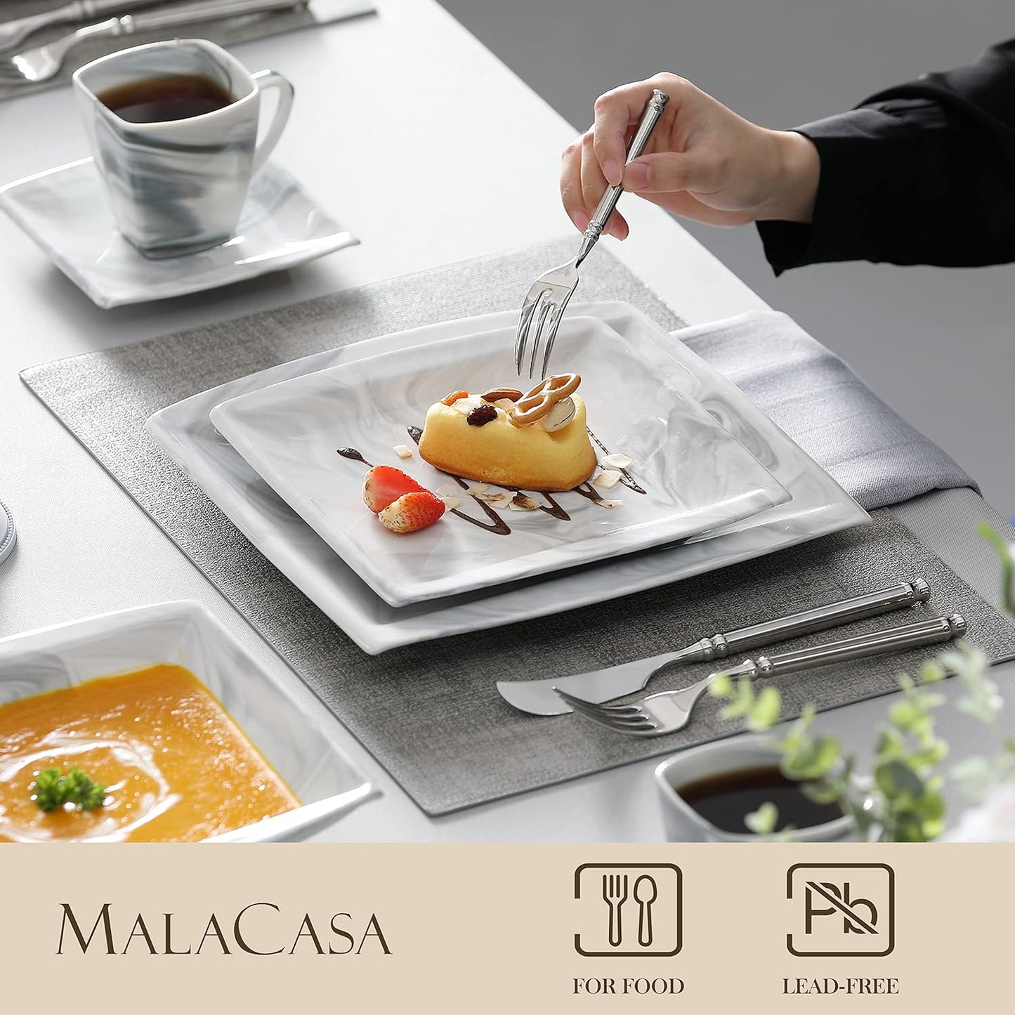 MALACASA Dinnerware Sets, 30 Piece Porcelain Plates and Bowls Sets for 6, Square Dish Set with Dinner Plates Set, Cup and Saucer, Modern Dishware Dishes Microwave Safe, Marble Grey, Series Blance