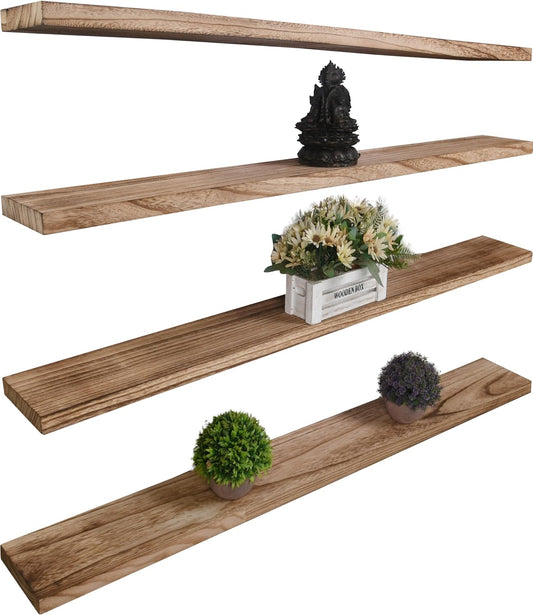 Wood Floating Shelves for Wall Decor, Rustic Wall Shelves for Bedroom Bathroom Kitchen Living Room, Set of 4 Light Walnut 48 Inch