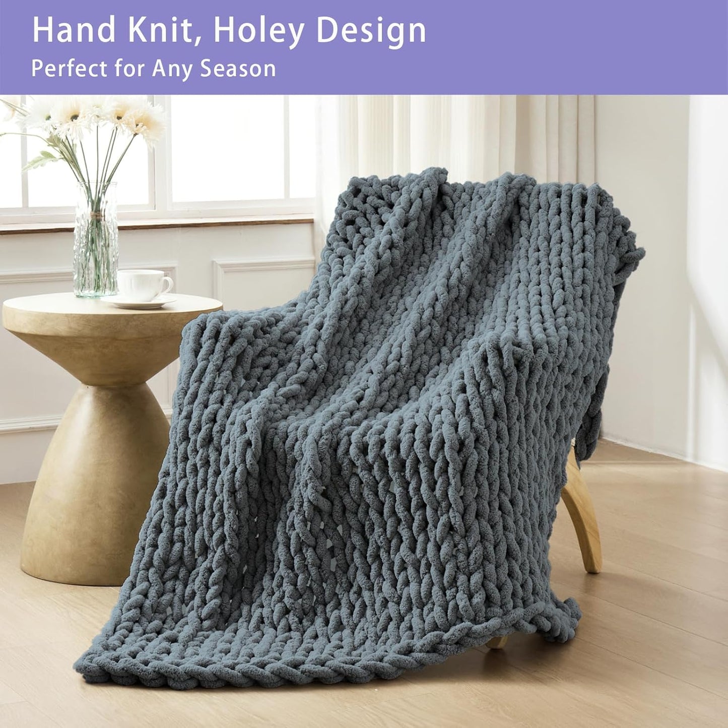 Bigacogo Chunky Knit Throw Blanket for Couch, 40x80 inches, 100% Hand Knitted with Thick Jumbo Chenille Yarn, Cozy Soft Large Rope Knot Cable Crochet Blankets for Sofa Bed Living Room, Iron Gray