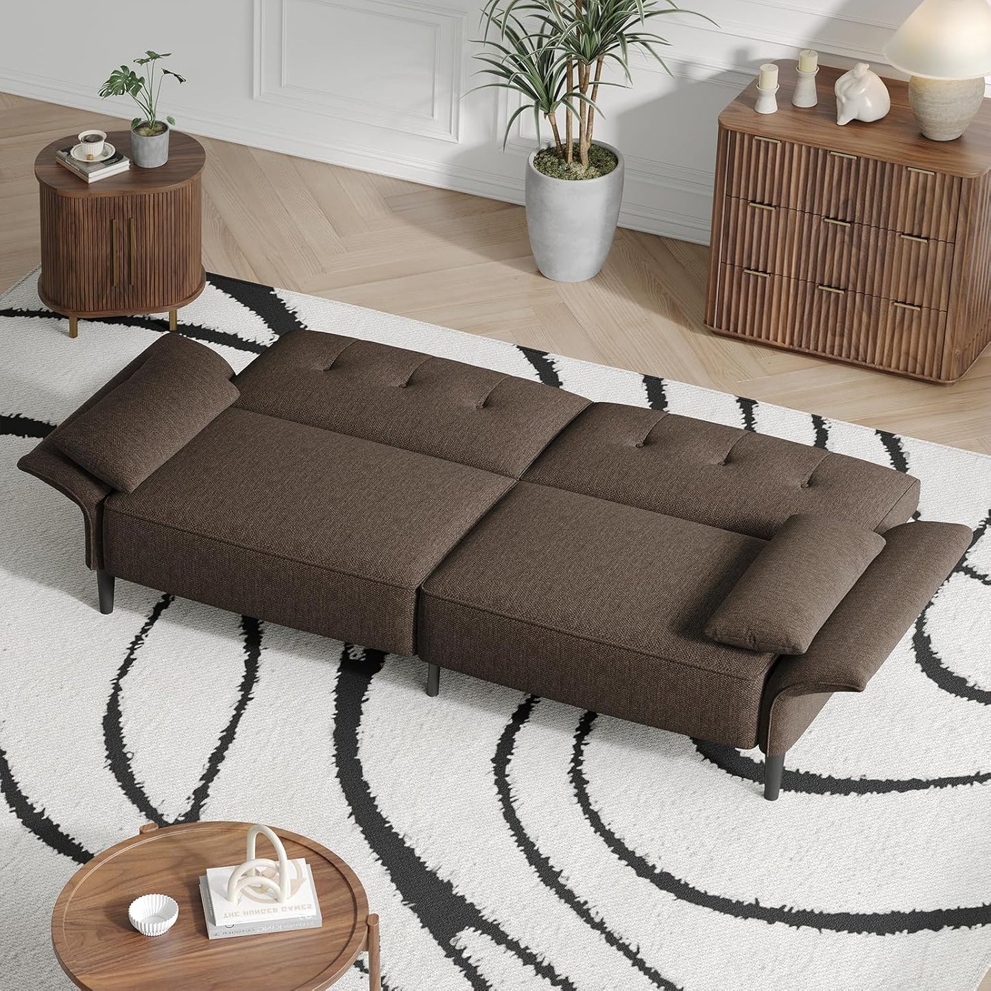 89” Futon Sofa Bed, Linen Comfy Futon Couch Bed with 2 Square Pillows, Convertible Sleeper Sofa with Adjustable Backrest& Armrests, Modern Loveseat Sleeper for Living Room, Bedroom, Brown