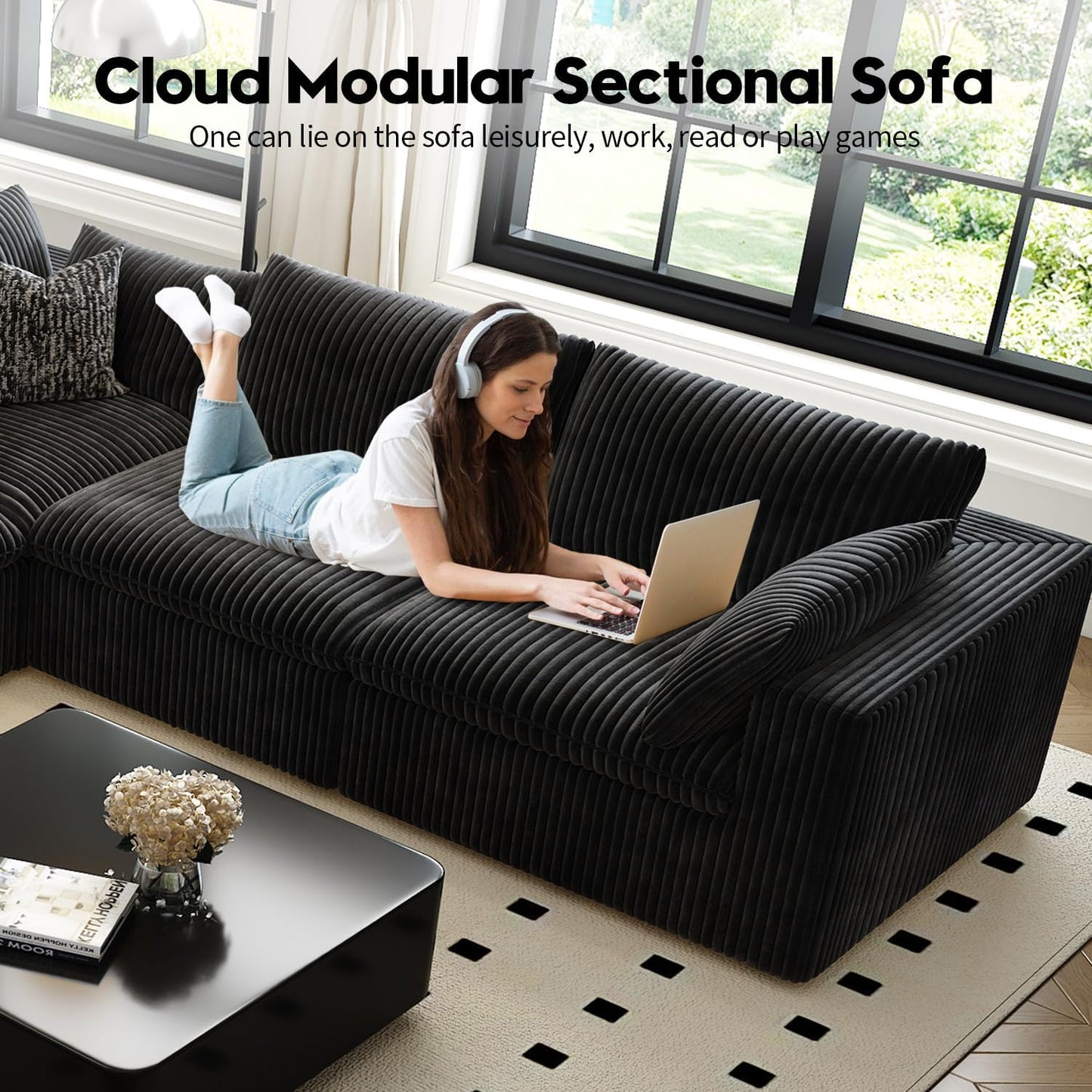 157.5" Cloud Couch Modular Sectional Sofa for Living Room,Modern Sofa with Deep Seat，4 Seater Boneless Couch,Comfy Upholstered Corduroy Couches for Apartment, Studio, Office,Bedroom，Black