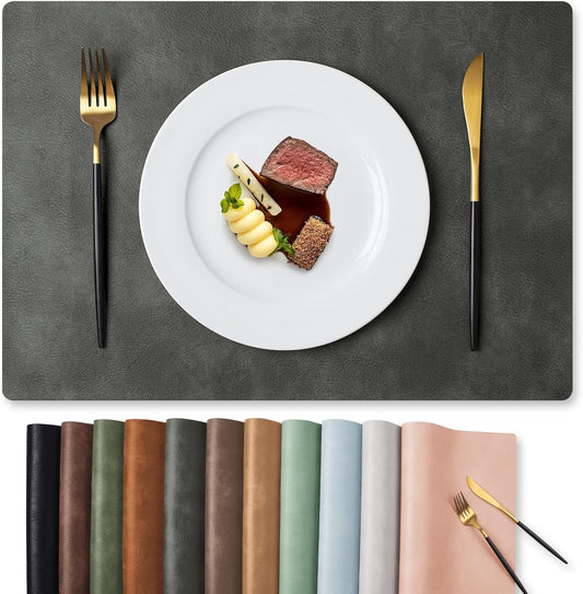 MOSAYT Vinyl Placemats Set of 8-12 X 17 Inch - Faux Leather 100% Waterproof Oil-Proof Wipeable PU Place Mats, Heat Resistant Reversible Table Mats for Kitchen, Dining, Outdoor (Dark Grey)