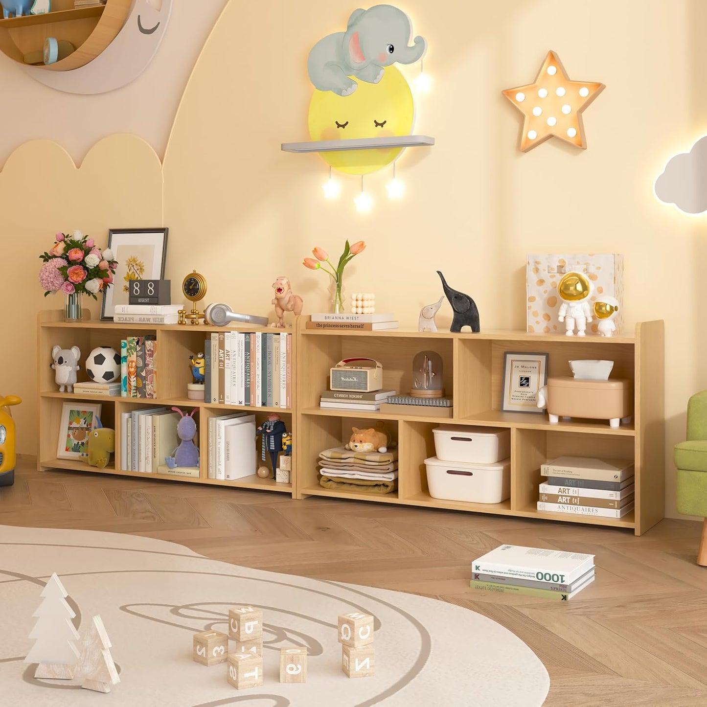 Book Shelf, 5 Cubes Storage Organizer, Open Shelf Wooden Bookcase, Freestanding Log Bookshelf Cube Shelf for Bedroom, Living Room, Home Office