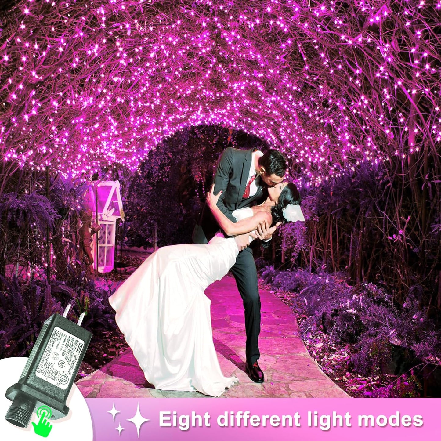 120 LED Pink Christmas Lights, 40ft Pink String Lights with 8 Modes Clear Wire Waterproof, Plug in Fairy String Light for Bedroom Valentines Day Christmas Decorations