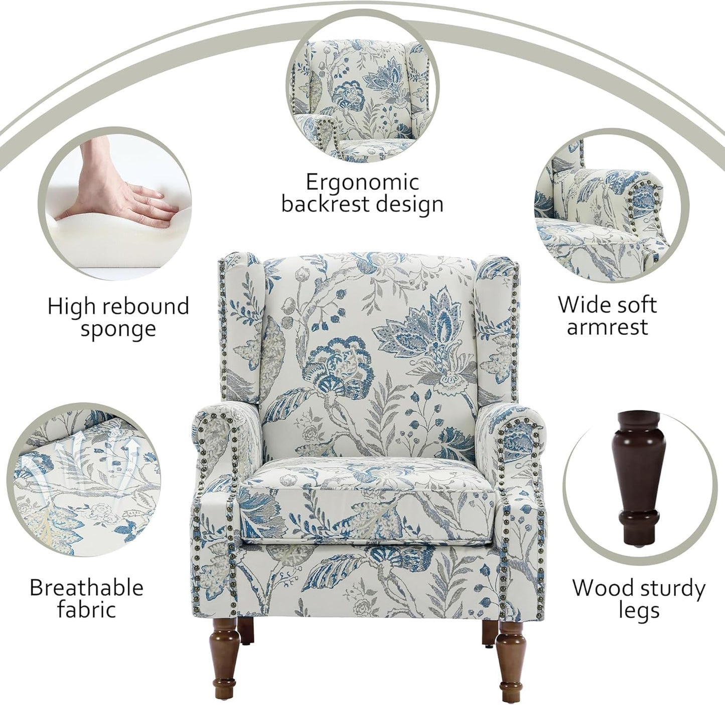 Lumibee High Back Accent Chair Set of 2, Armchair in Fabric,Comfy Upholstered Wingback Single Sofa Reading Chairs with Solid Wood Legs for Living Room,Bedroom,Office-Plants Blue