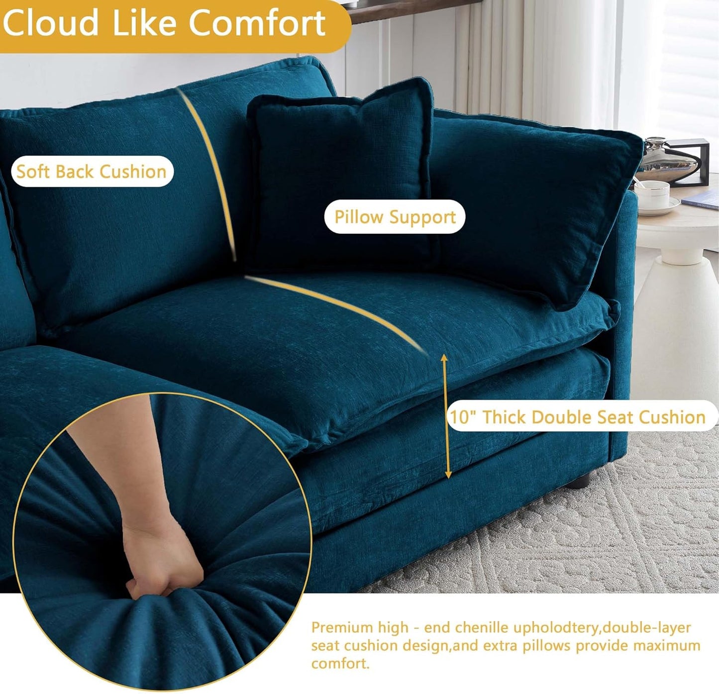 Sectional Sofa 4 Seater with Movable 1 Ottoman,Oversized Modular Couch Deep Seat (Blue, 146.5 inch-L)
