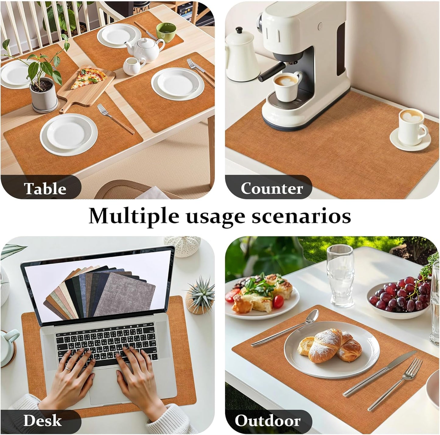 FROMHEART Faux Leather Placemats Set of 4–Waterproof,Heat/Oil Stain-Resistant PU Table Mat–Reversible,Non-Slip,Easy to Clean Place Mats for Kitchen,Dining,Indoor/Outdoor,(Orange-Grey,11.8" x 17")