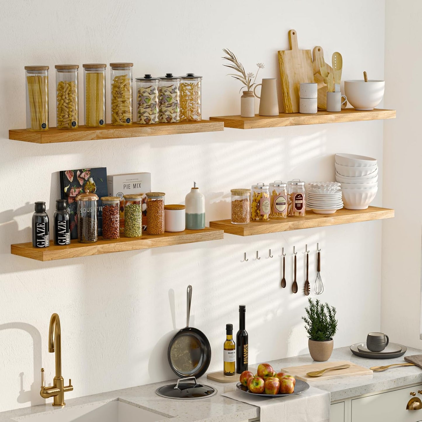 Fun Memories Wood Floating Shelves for Wall, 48 Inch Floating Shelves Wall Mounted, Rustic Elm Wood Shelf for Home Decor, Heavy-Duty Storage Shelves for Living Room, Bathroom, Kitchen, Natural Finish