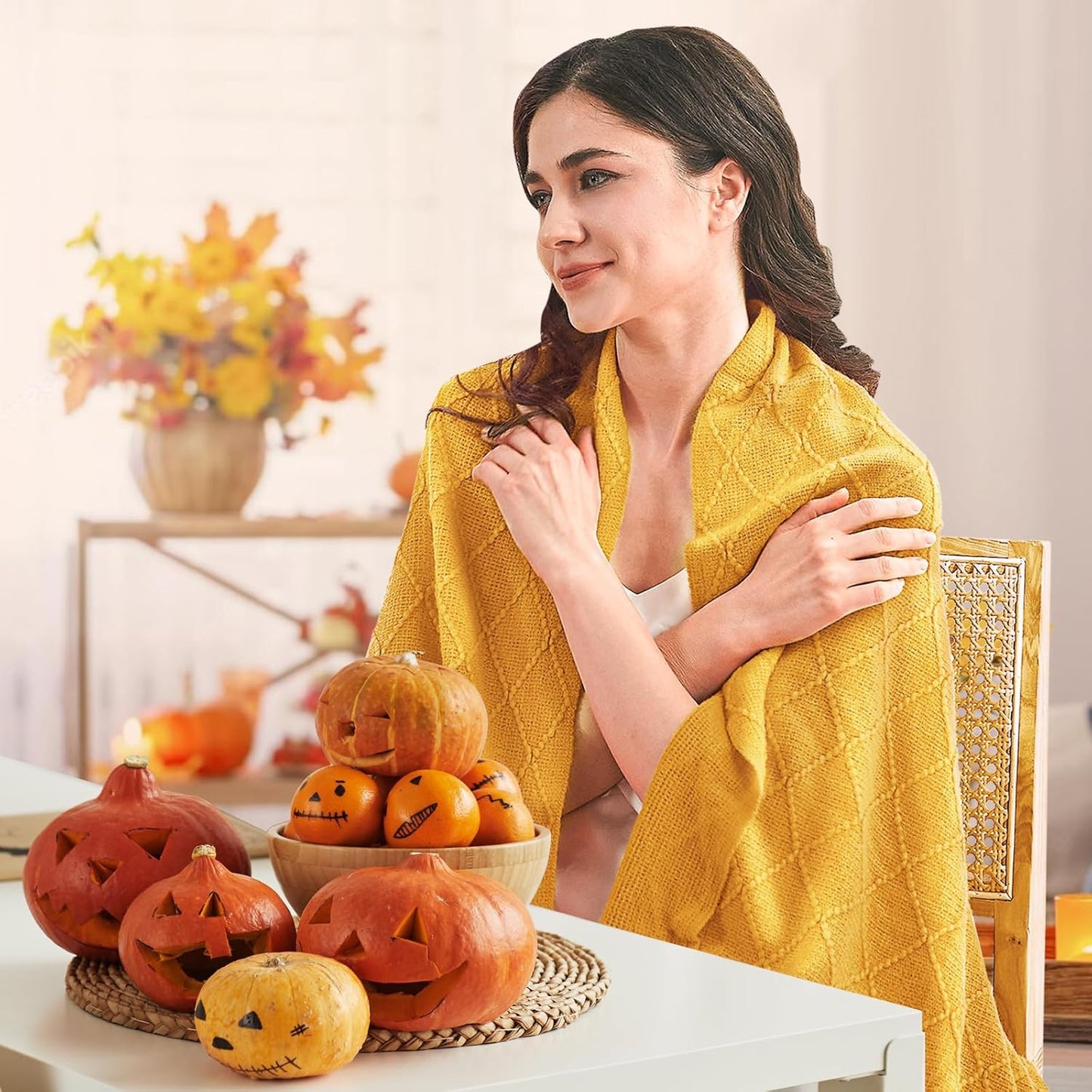 inhand Knitted Fall Throw Blanket for Couch and Bed, Knit Fall Decor Halloween Blanket with Tassel, Mustard Yellow Lightweight Decorative Farmhouse Warm Woven Blankets and Throws for Women, 50"x60"