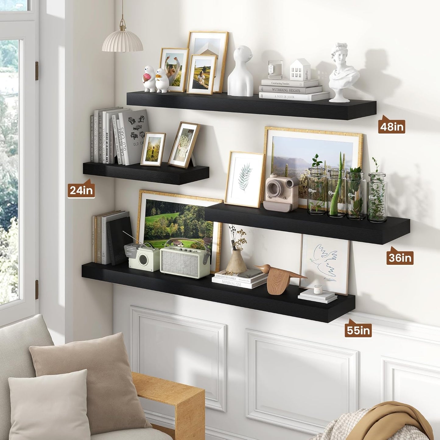 Heimlove 55 Inch Floating Shelves for Wall,10 Deep Large Black Wall Shelf with Heavy Duty Brackets,Wall Mounted Storage & Display Shelves for Bedroom,Living Room,Kitchen,Office