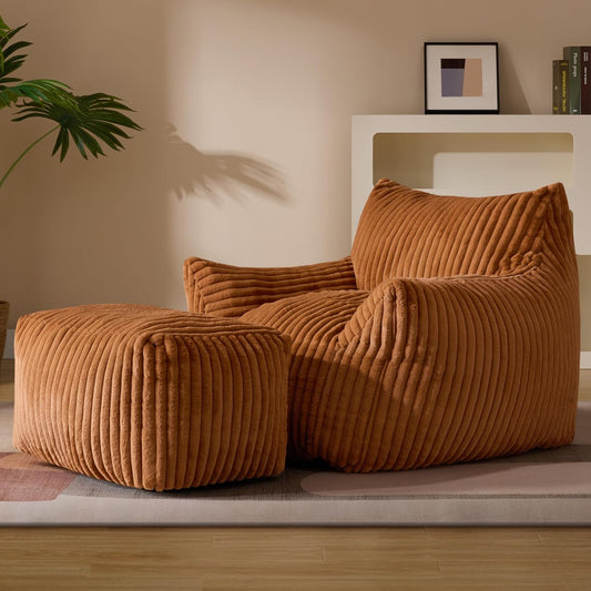 Oversized Bean Bag Chaise Lounge Chair Indoor for Adults with Armrests & Ottoman - Giant Comfy Orange Beanbag Floor Sofa Cloud Accent Chair for Reading, Gaming, Cozy Plush Cloud Mini Couch