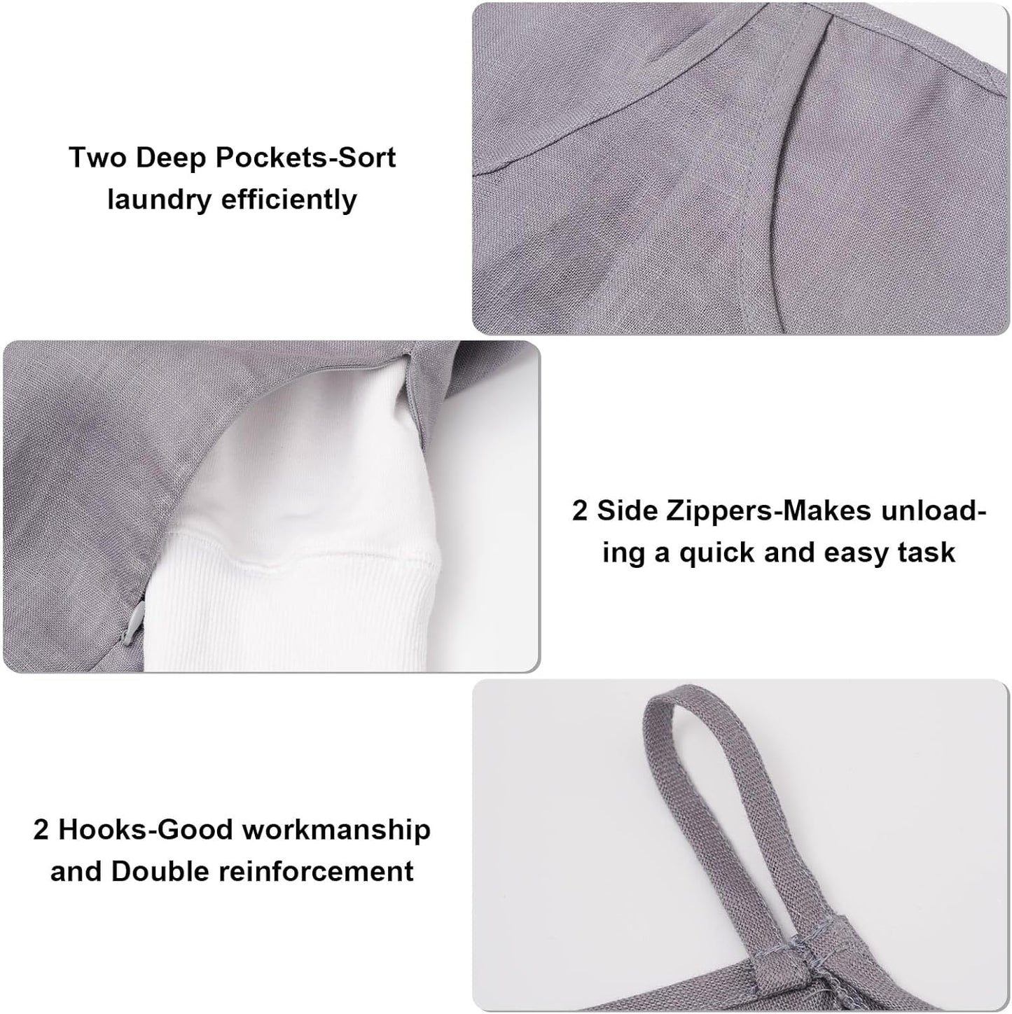 100% Pure Linen Dual Hanging Laundry Bag with 2 Deep Pocket and 2 Side Zipper 20x27in, Over The Door Laundry Hamper Space Saving Hampers for Dirty Clothes Home Travel, Grey