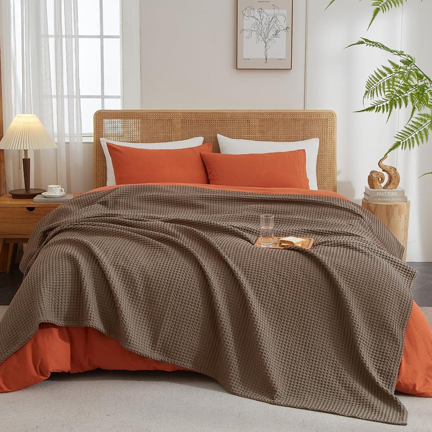 PHF Ultra Soft Waffle Weave Blanket Queen Size 90"x 90"- Washed Lightweight Breathable Cozy Woven Blanket for Bed - Aesthetic Decor for Couch Bedding Sofa Home Car - Cocoa Brown