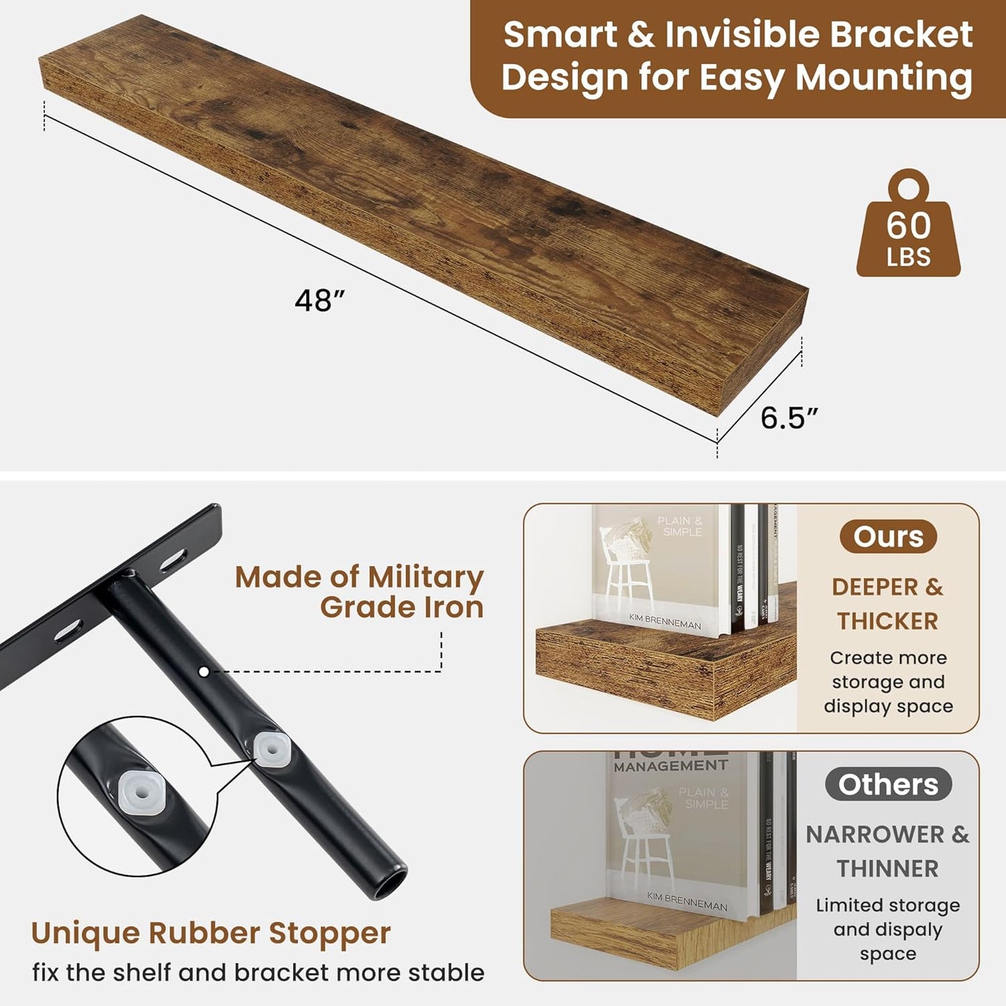 fuqing Floating Shelves for Wall, Bathroom Shelf Wall Mounted for Storage, Shelves with Invisible Bracket for Bedroom, Kitchen, Living Room, Farmhouse Small Book Shelf, 48 Inch Set of 2, Rustic Brown