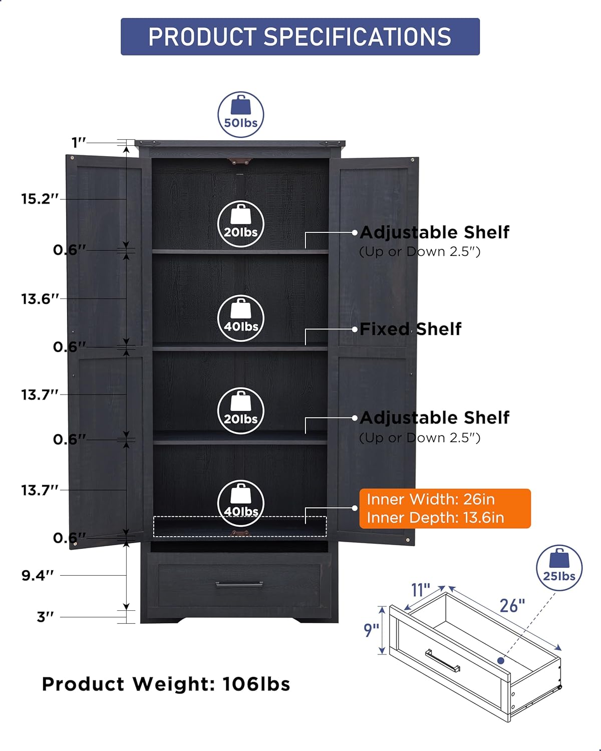 72" Tall Wood Storage Cabinet, Farmhouse Kitchen Pantry Cabinet with Adjustable Shelves & Drawer & Barn Doors, Versatile Storage for Kitchen, Dining Room, Bathroom, Black