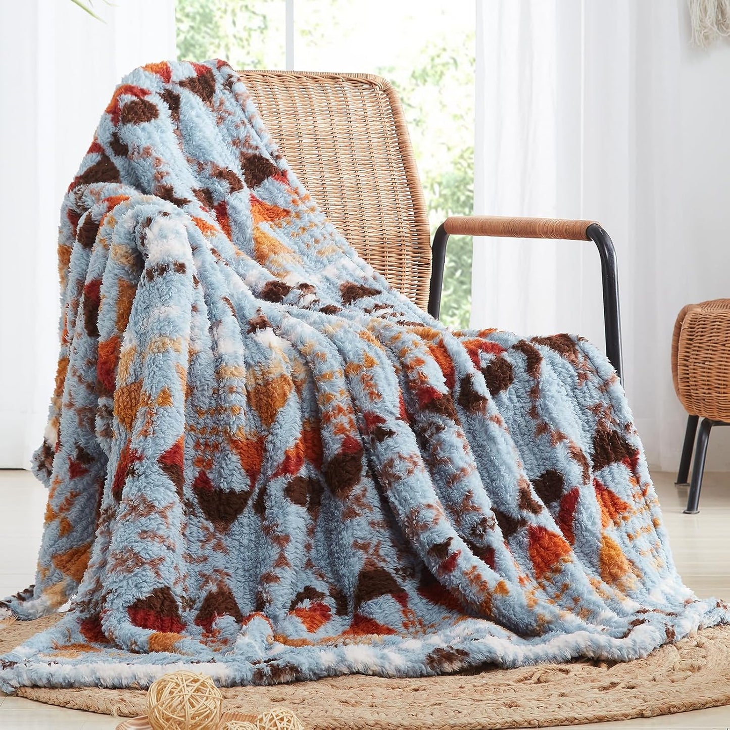 CASAAGUSTO Boho Sherpa Blanket,Teal Aztec Twin Blanket, Ultra Soft, Warm, Cozy, Plush, Thick Fleece Western Blanket for Couch, Bed, Sofa (Blue Grey 60 * 80 Inch)