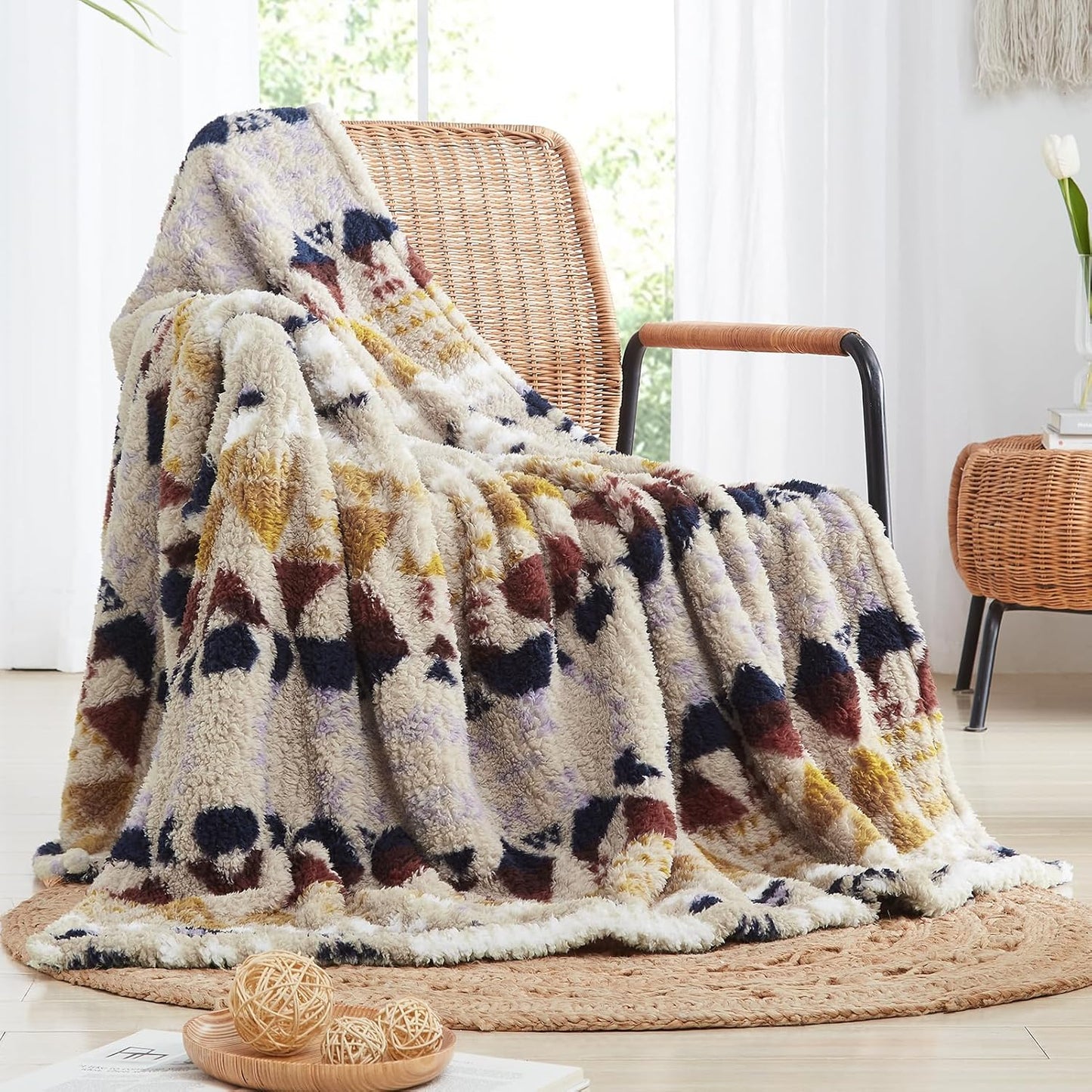 CASAAGUSTO Boho Sherpa Throw Blanket, Aztec Queen Blanket, Ultra Soft, Warm, Cozy, Plush, Thick Fleece Bohemian Throw Blanket for Couch, Bed, Sofa (Khaki 90 * 90 Inch)