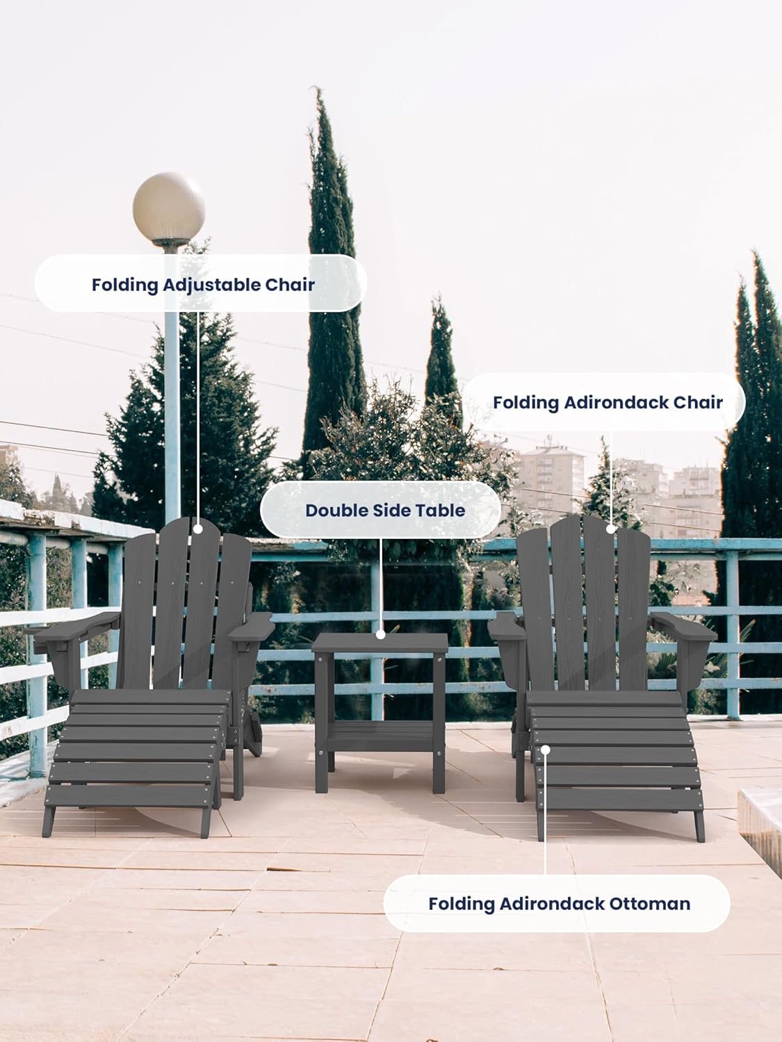 KINGYES Folding Adirondack Ottoman Set of 2 for Adirondack Chair, Grey