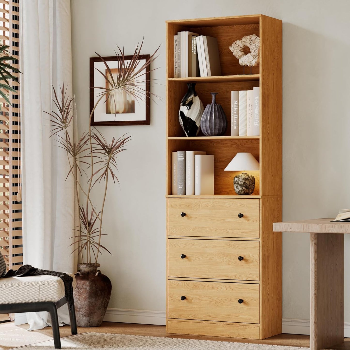 71" Tall Bookshelf with Storage, Bookcase with Drawers, Farmhouse Wooden Corner Book Shelves, Mid Century Modern Book Shelf Wall Standing Home Decor Furniture for Living Room, Bedroom, Office, Kitchen