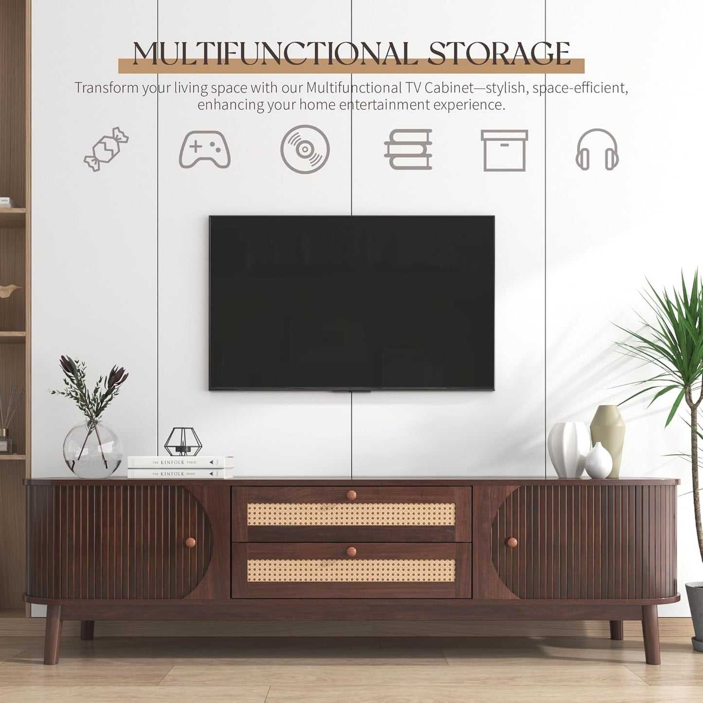 Merax Modern Fluted TV Stand for 75" TVs, Mid-Century Entertainment Center Tambour Door Media Console TV Cabinet with Rattan-Front Drawer for Living Room, Curved Profile Design