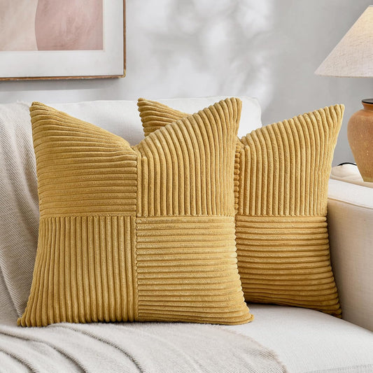 Fancy Homi 2 Packs Mustard Yellow Samll Decorative Throw Pillow Covers 14x14 Inch with for Couch Bed Sofa, Rustic Farmhouse Boho Home Decor, Soft Corss Patchwork Corduroy Square Cushion Case 35x35 cm