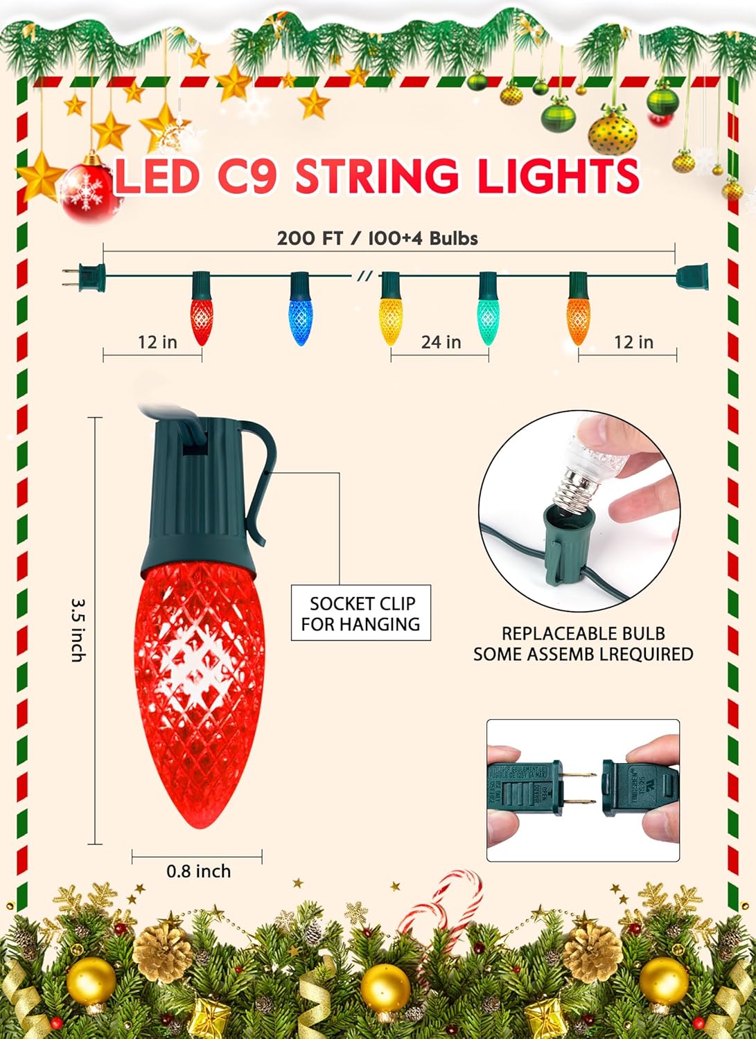 Brightown Outdoor Christmas Lights, 200 Ft C9 LED Commercial String Lights with Multicolor Strawberry C9 Bulbs, Waterproof Connectable UL Certified C9 Lights for Indoor Yard Xmas Tree House Decor