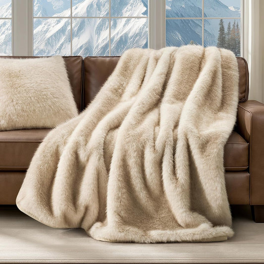 Luxury Faux Fur Throw Blanket, Soft Fluffy Faux Mink Blankets for Bed, Couch, Sofa, Thick Cozy Plush Warm Fur Throws with Reversible Velvet, Tipped Golden Fox, 60"x80"