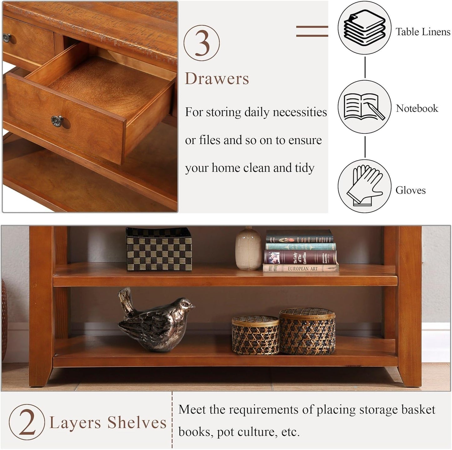Solid Wood Console Table Entryway Table with Storage Drawers and Bottom Shelf Sofa Table for Entry Hallway Foyer Sofa Couch Table,Fully Assembled (48.8" Brown)