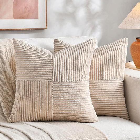 Fancy Homi 2 Packs Tan Samll Decorative Throw Pillow Covers 14x14 Inch with for Couch Bed Sofa, Rustic Farmhouse Boho Home Decor, Soft Corss Patchwork Corduroy Square Beige Cushion Case 35x35 cm