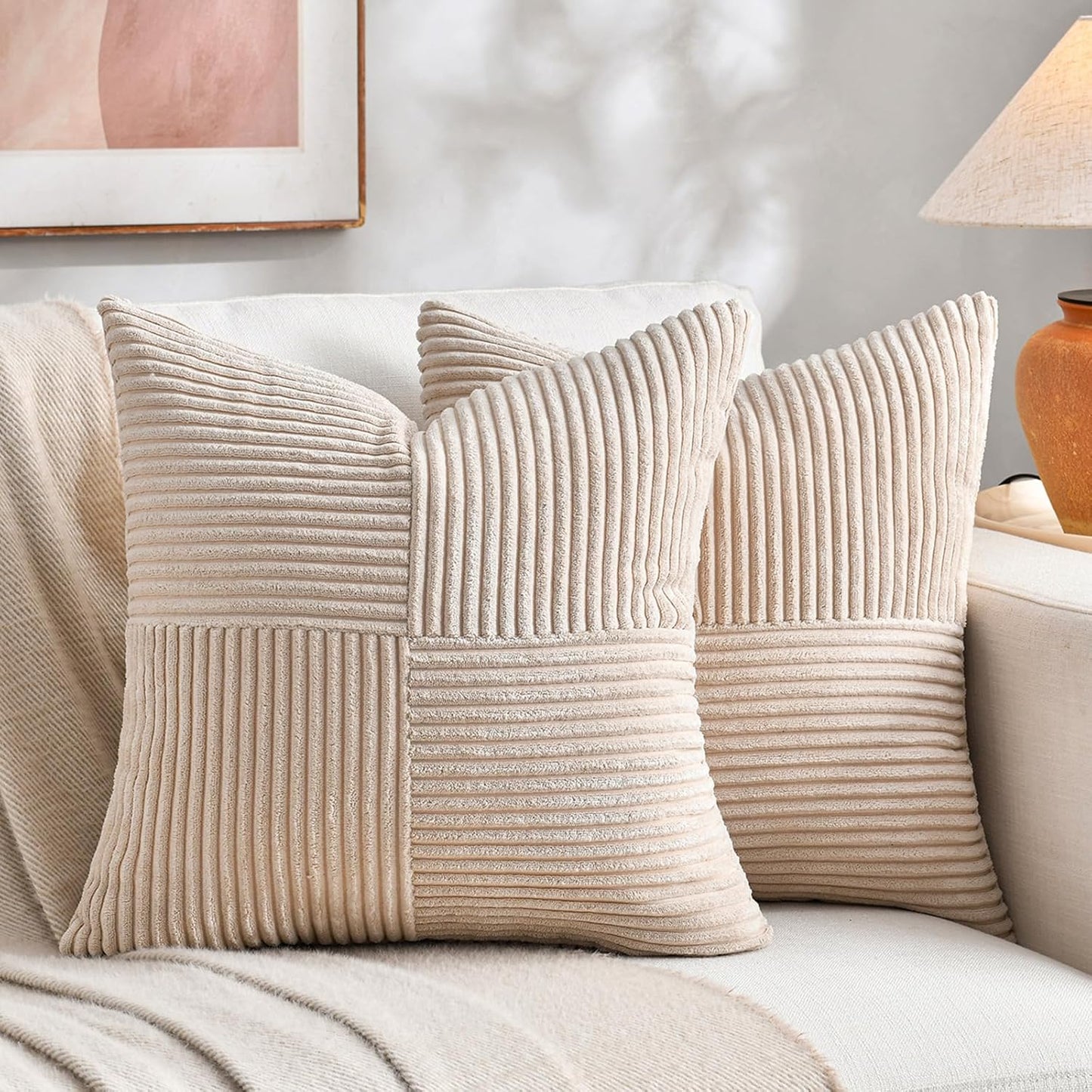 Fancy Homi 2 Packs Tan Euro Decorative Throw Pillow Covers 26x26 Inch for Living Room Couch Bed, Farmhouse Boho Home Decor, Soft Corss Corduroy Patchwork Textured Square Beige Cushion Case 66x66 cm