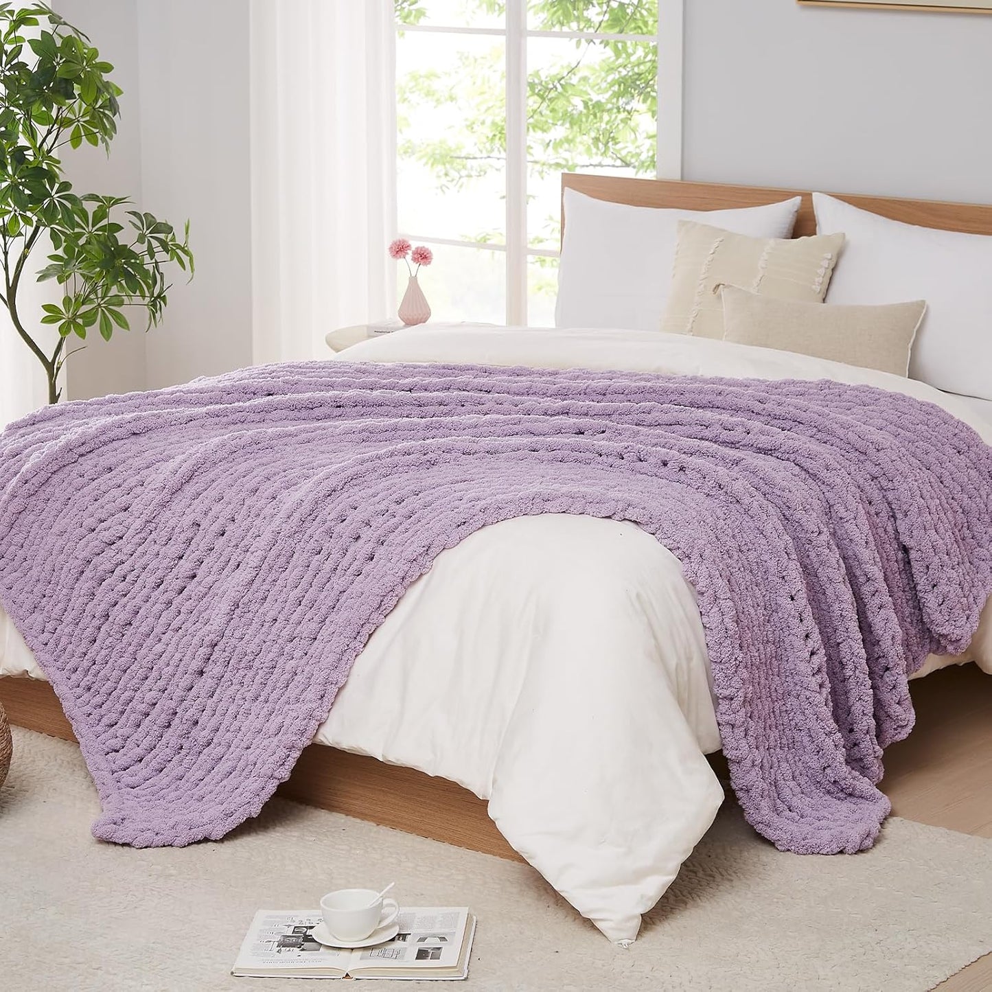 L'AGRATY Chunky Knit Blanket Throw - Soft Chenille Yarn Throw Blanket 40x50： Handmade Thick Cable Knit Crochet Blanke - Large Knit Blanket Chunky Rope Knot Throw Blanket for Couch Sofa Bed Home Decor