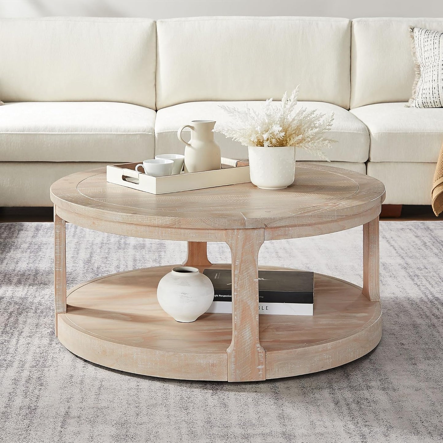 WILLIAMSPACE 40" Round Coffee Table with Wheels, Circle 2 Tier Solid Wood Center Coffee Table, Mid Century Retro Farmhouse Rounded End Table for Living Room Apartment, ø40 x 17.52" H (Oak)
