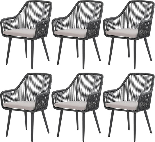 Patiorama Outdoor Dining Chairs, Patio Dining Chair Set of 6, All-Weather Woven Rope Rattan Chairs, Outdoor Dining Wicker Chairs with Armrests for Indoor Balcony Pool Backyard(Black)