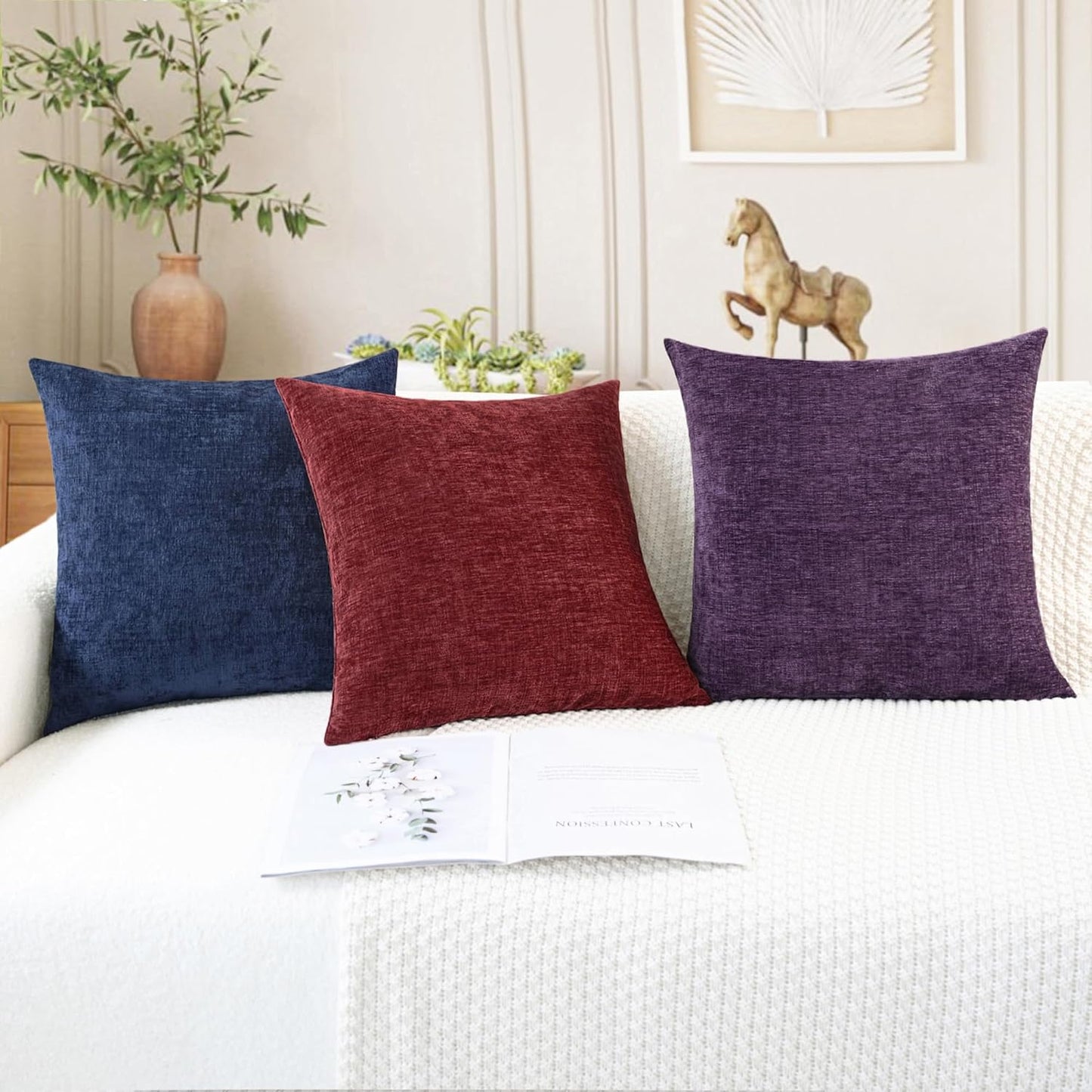 CaliTime Throw Pillow Covers Decorative 16 X 26 Inches Pack of 2 Cozy Chenille Cushion Cases for Couch Sofa Bed Living Room Home Navy Blue