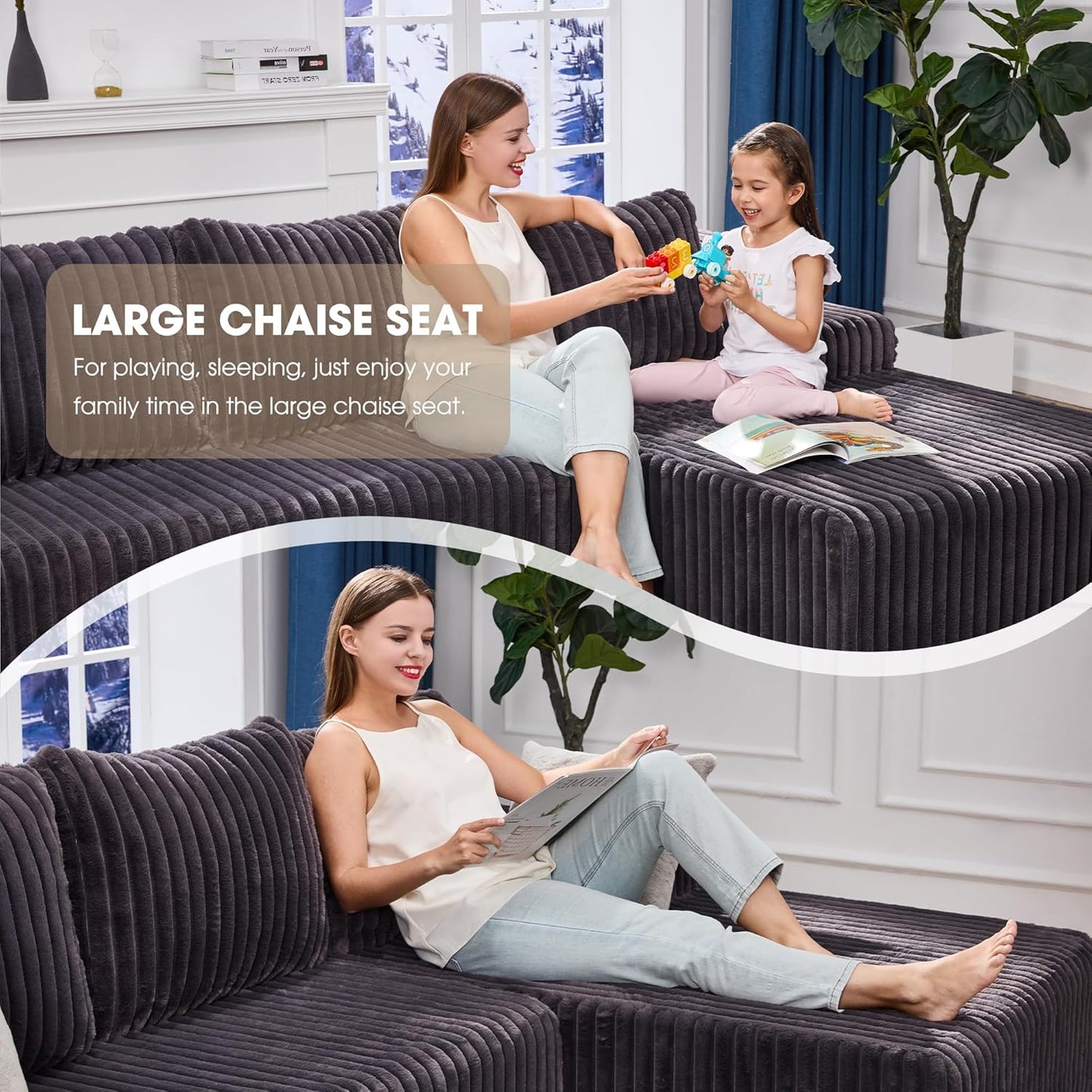 Hobestluk 96” Modular Sectional Sofa Couches L-Shape Couch 3 Seat Modular Sofa Memory Foam Sectional Couches for Living Room, Cloud Couch with Oversized Chaise (Grey, Stripe (Right Facing Chaise))