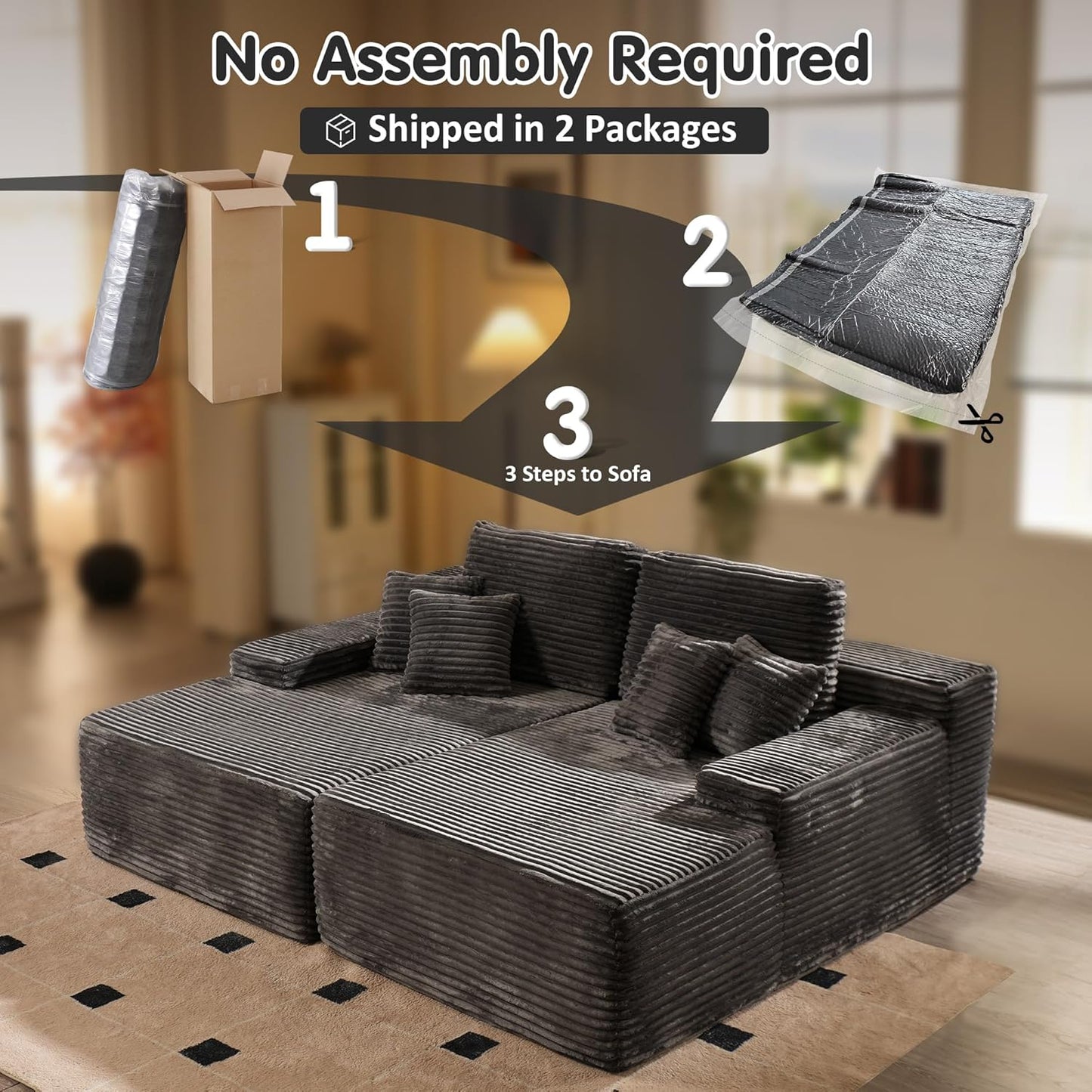 ovios 81" Oversized Sectional Double Lounge Chaise with Cloud Plush Sofa Bed, No Assembly Required, Fluffy Modern Sleeper Loveseat Chair for Indoor Living Room Bedroom Reading, Grey (Plush Fabric)